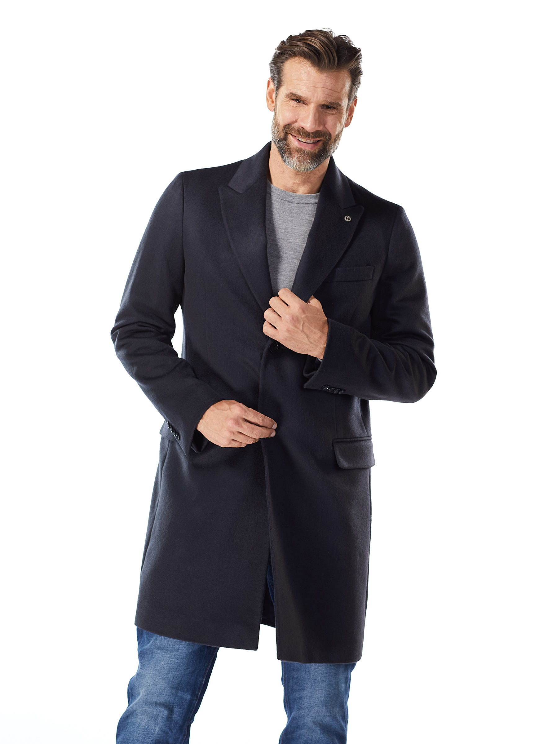 Klassischer Herren Cashmere Mantel marine mit Samtwiesel