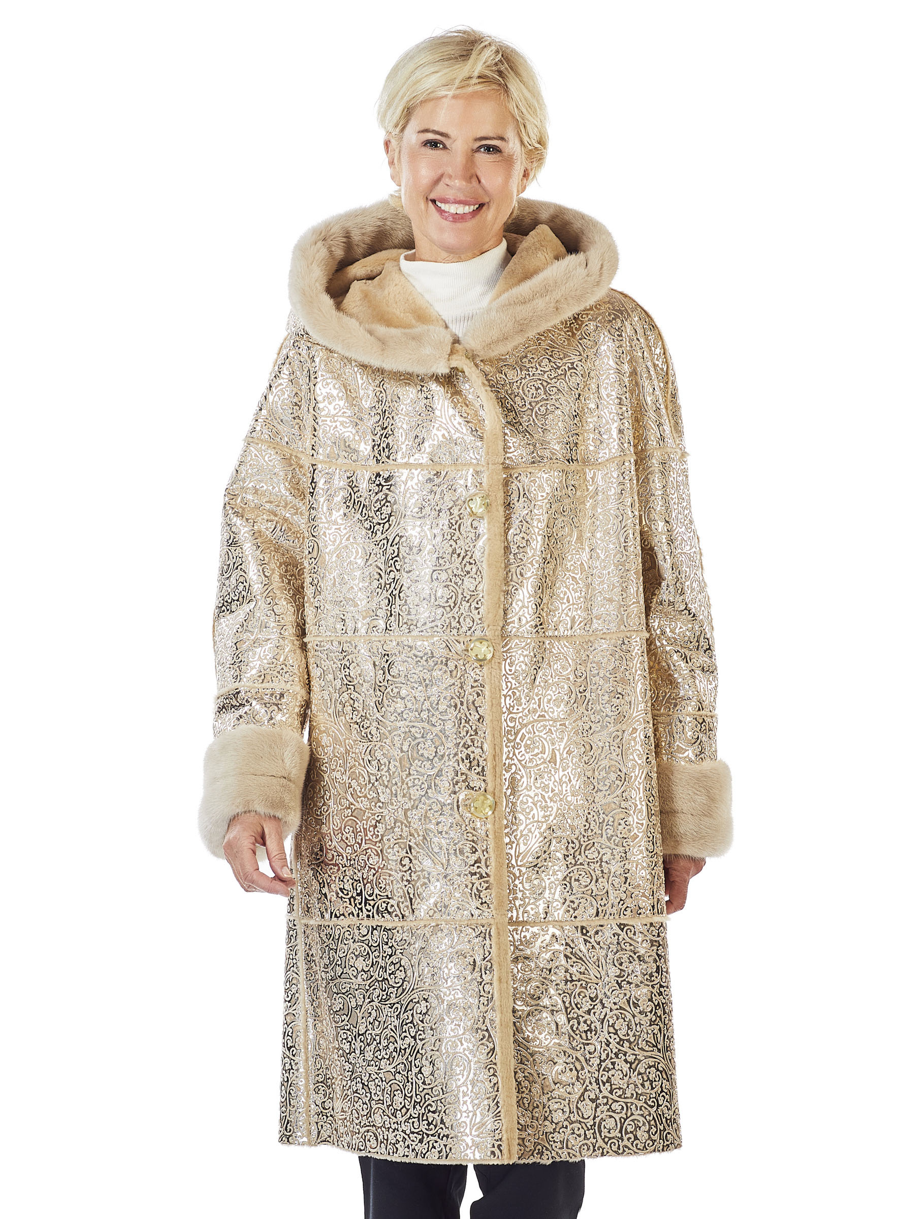 Lammfell Wendemantel mit goldenem Leder von Fontani