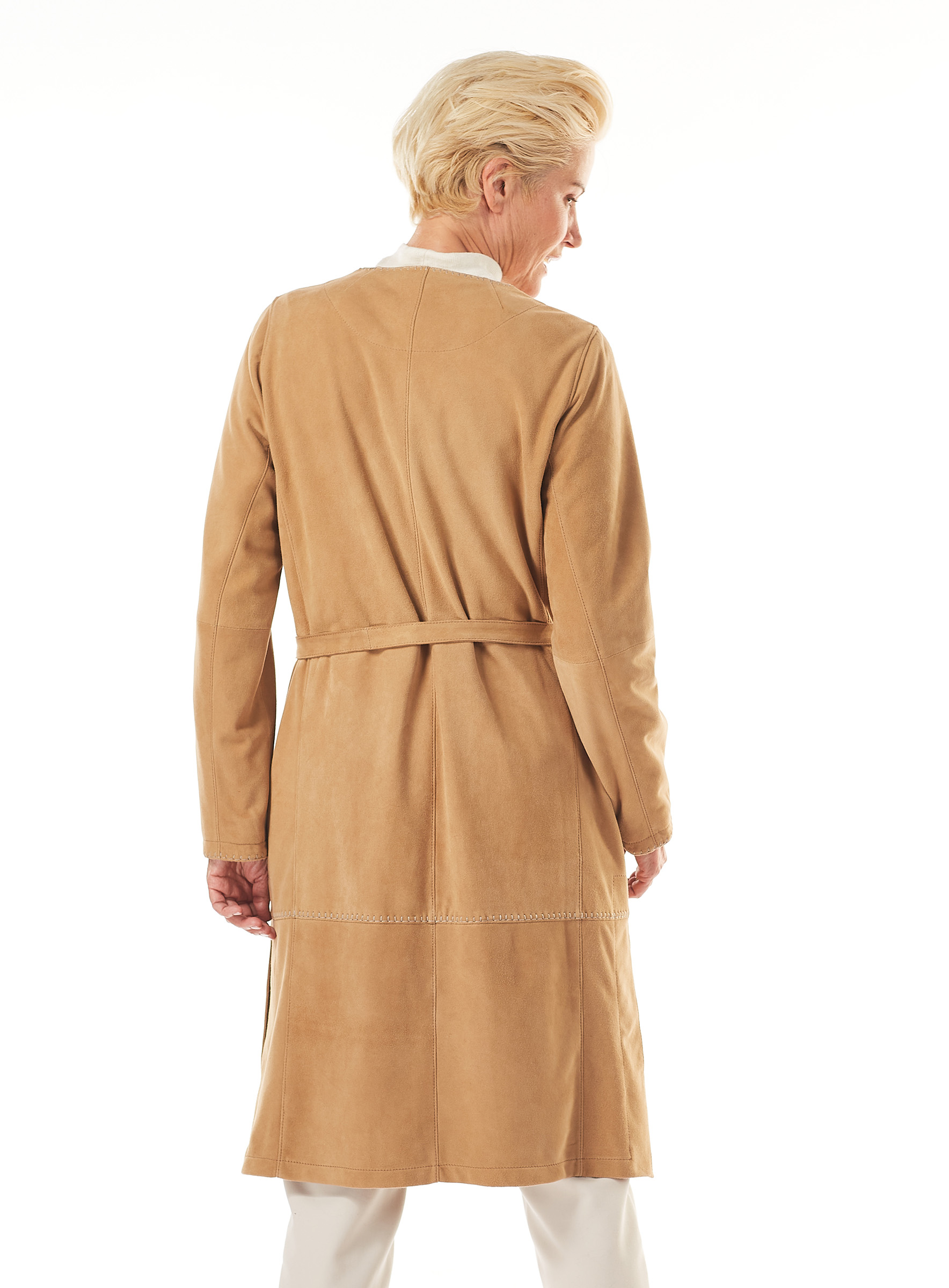 Collarless Suede Trench Coat by Werner Christ