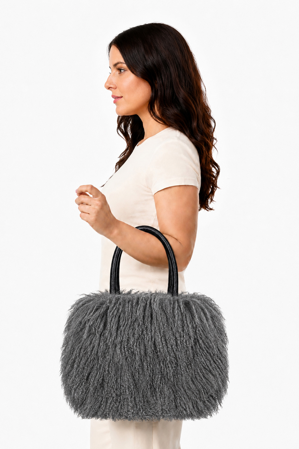 Tibetlamm Felltasche grau mit Ledergriff