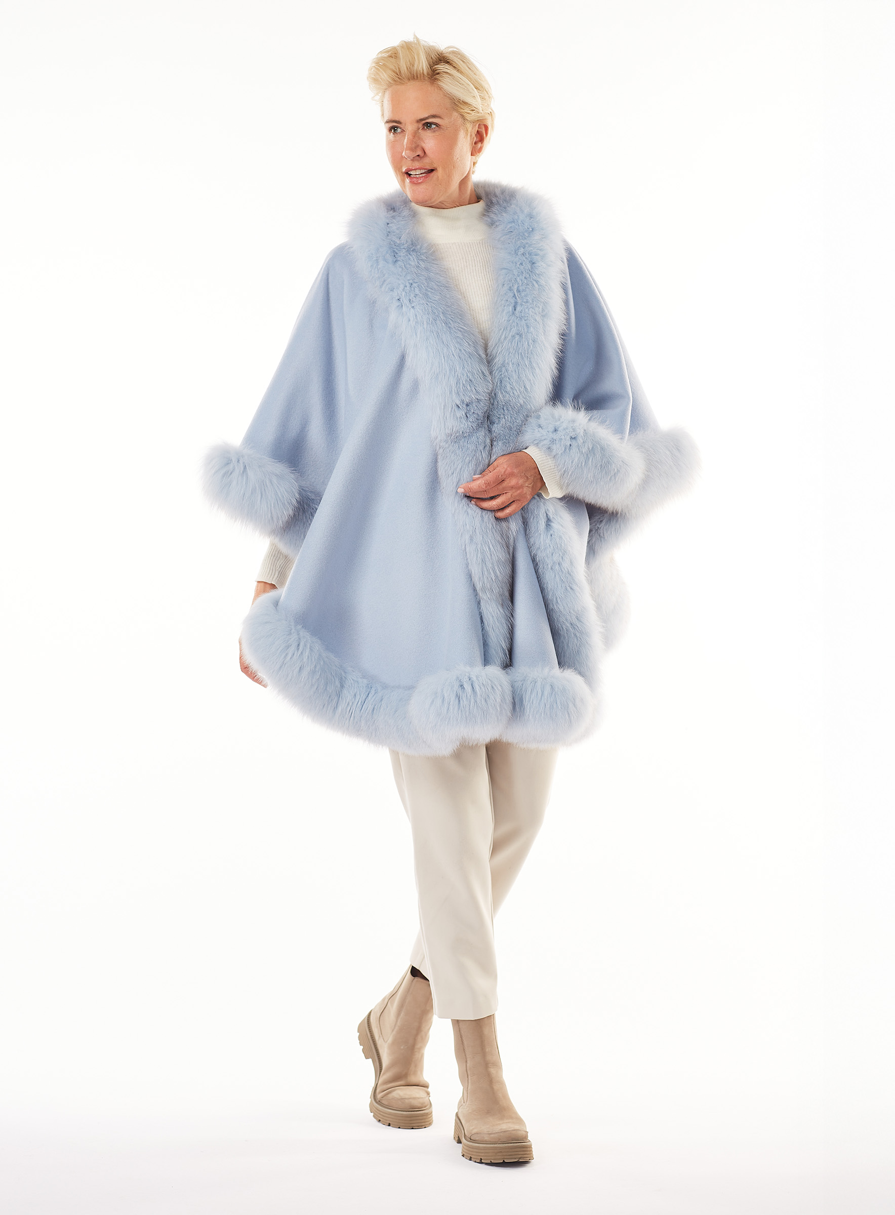 Lightweight Cashmere Cape with Blue Fox Trim