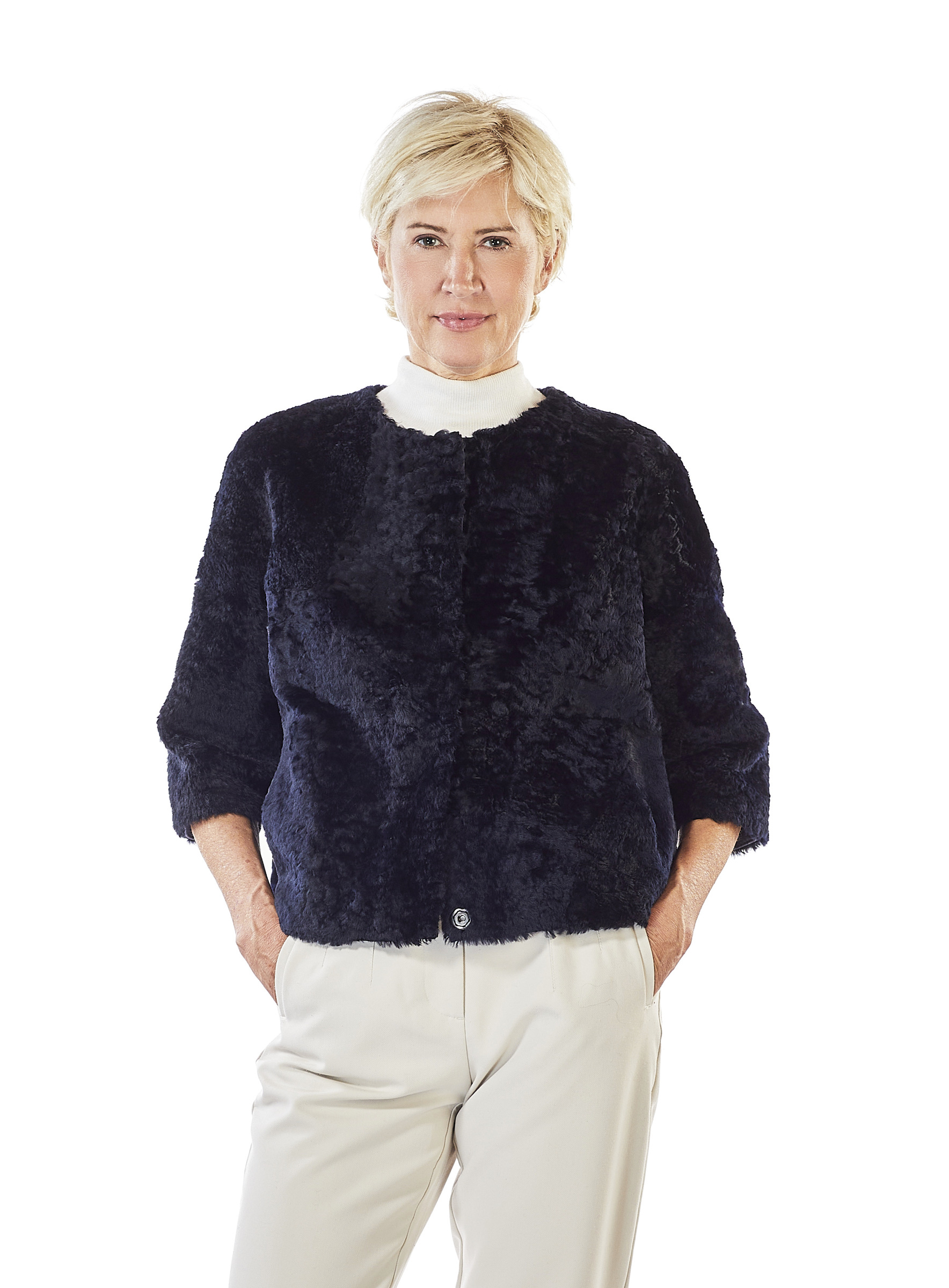 Lammfell Wendejacke mit 3/4 Ärmel dunkelblau