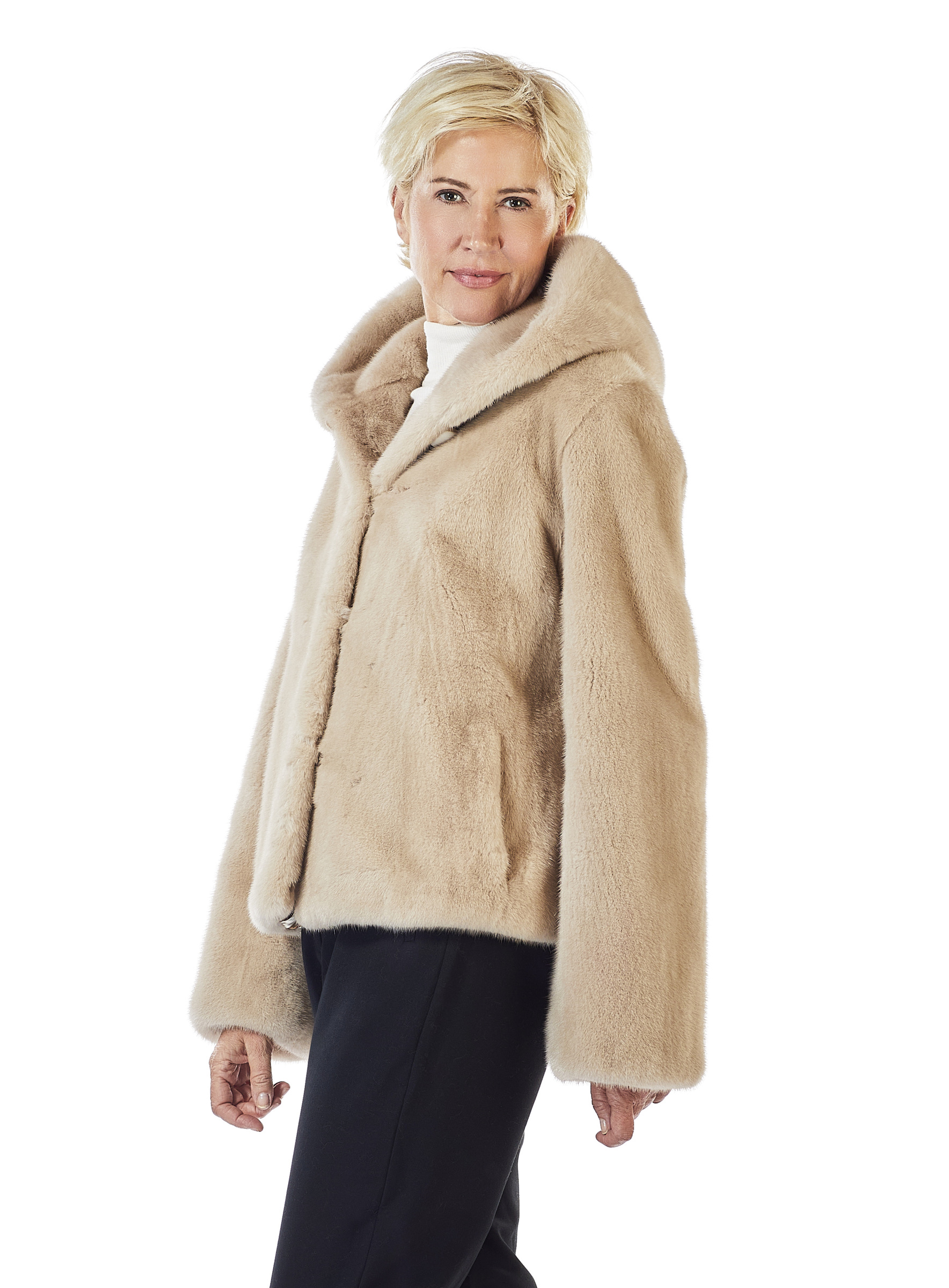 Kurze Nerzjacke beige mit Kapuze