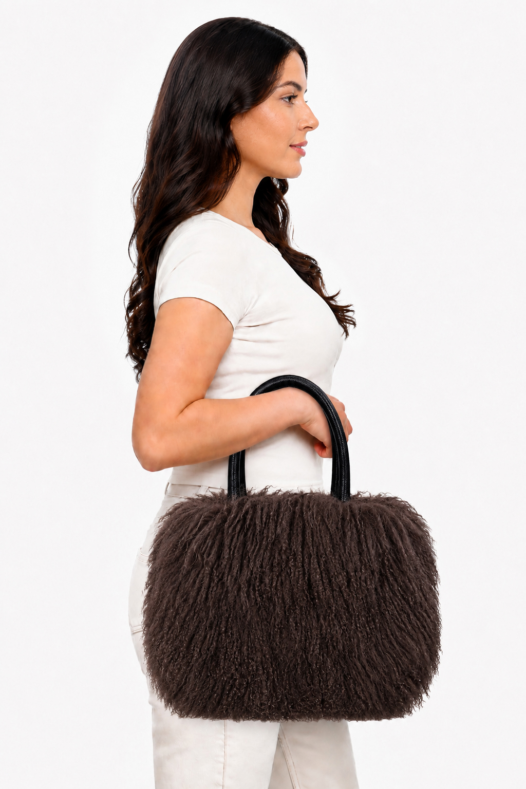 Tibetlamm Felltasche braun mit Ledergriff