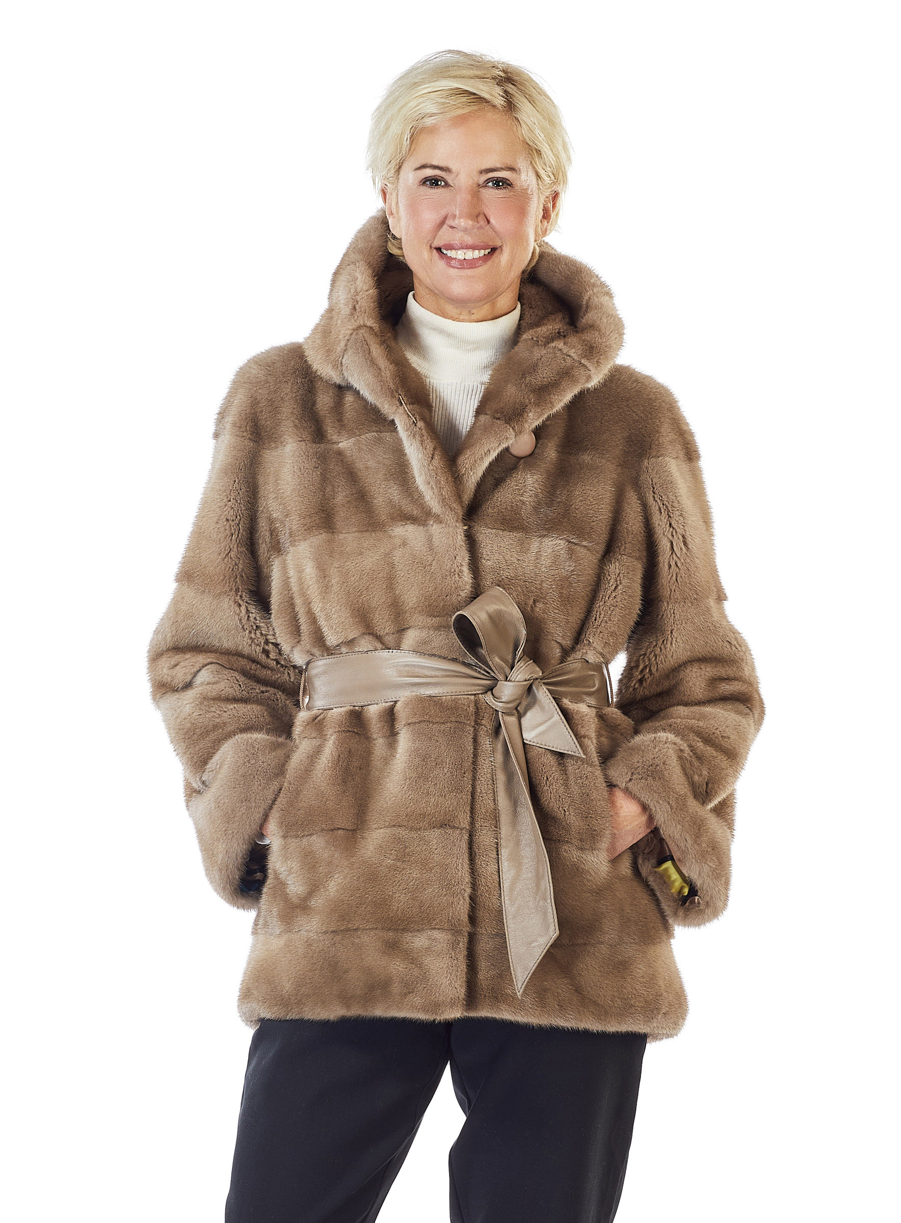 Nerz-Kapuzenjacke in Naturfarbe Pastel mit Gürtel