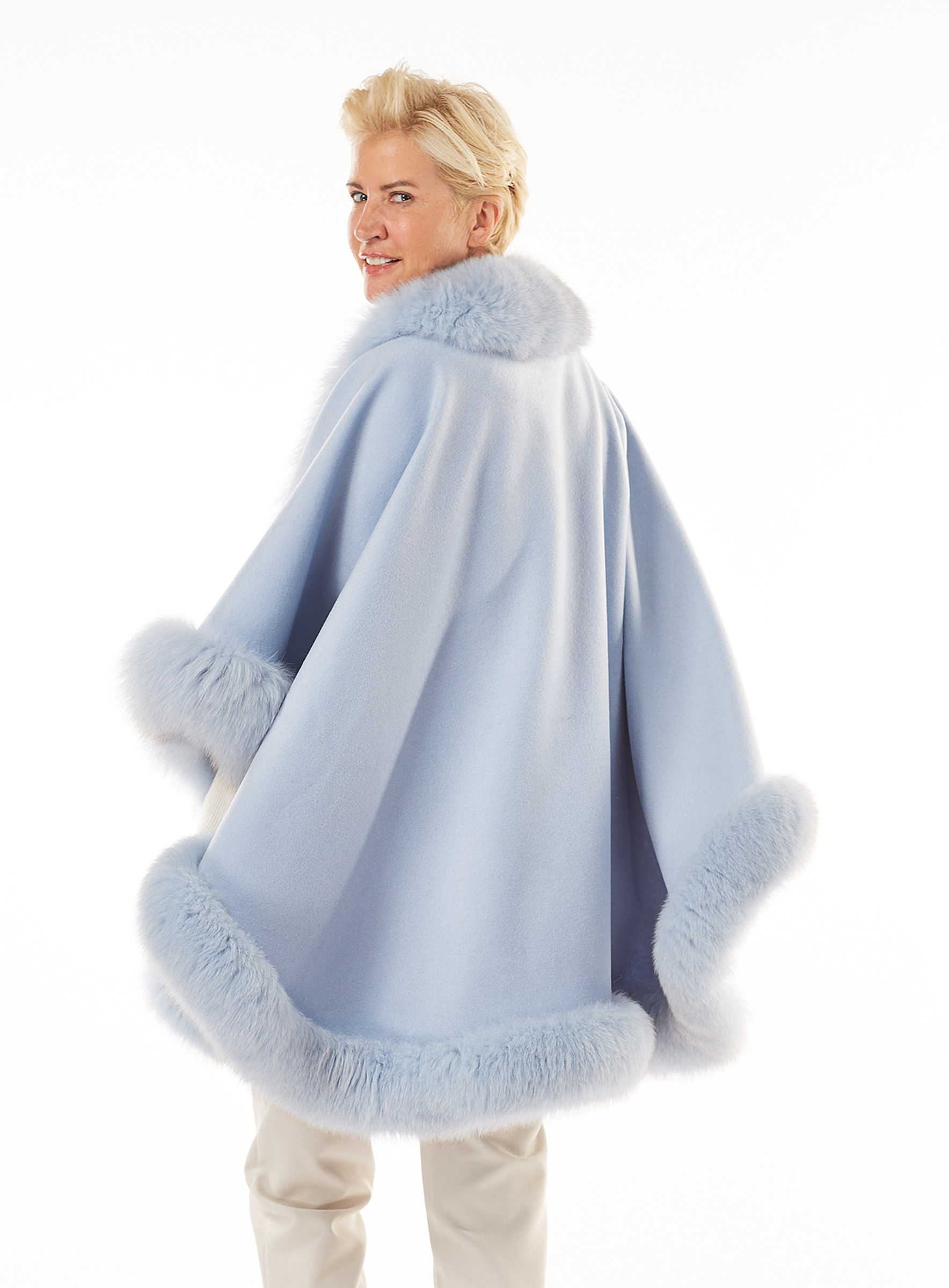 Lightweight Cashmere Cape with Blue Fox Trim