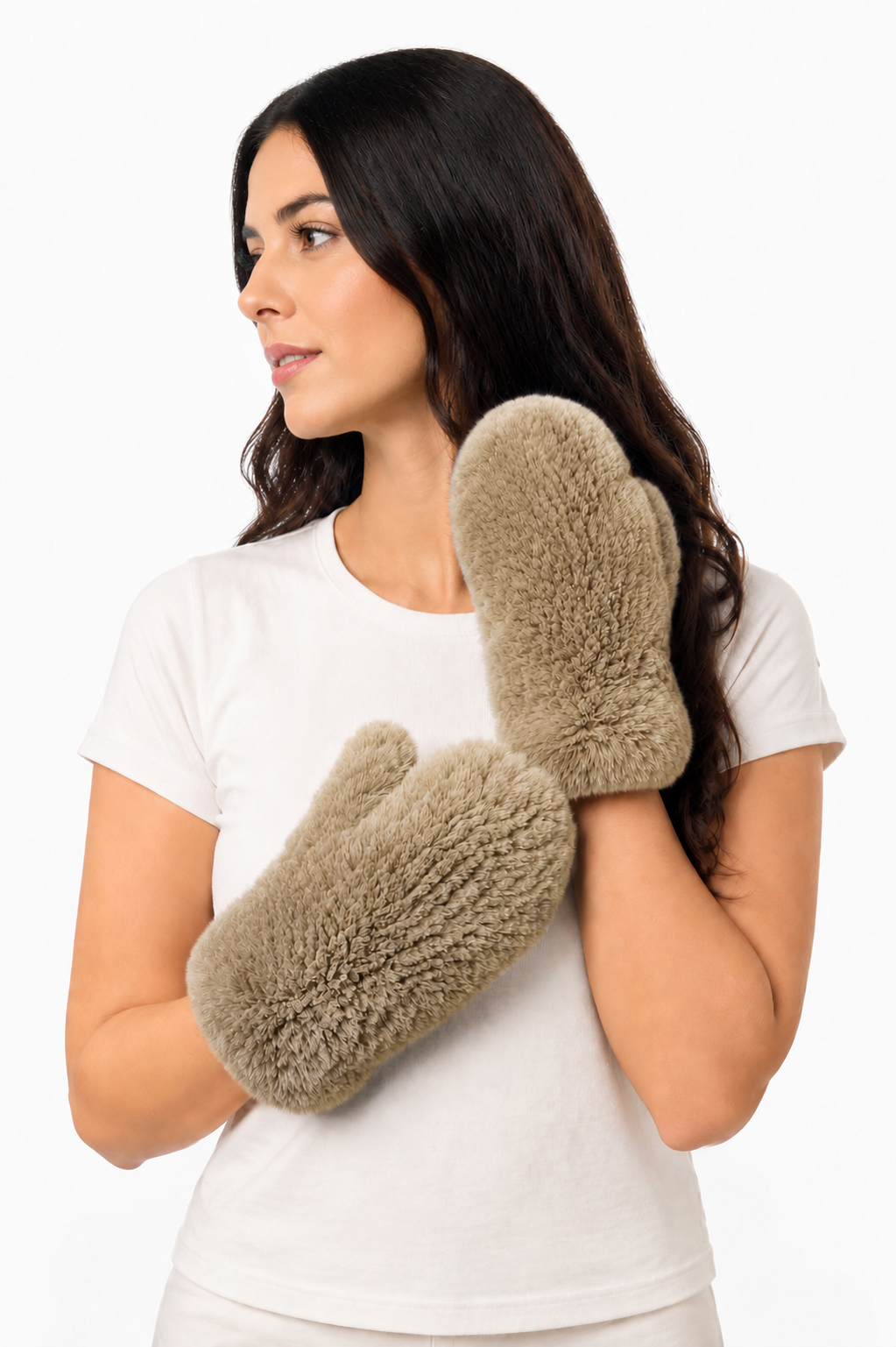 Ausgefallene Fellhandschuhe aus Rexkaninpelz taupe