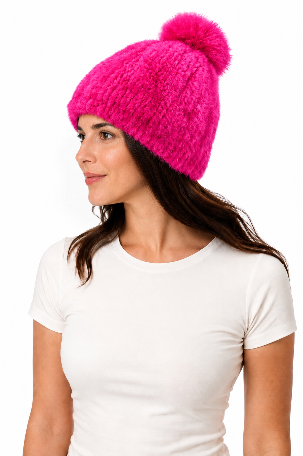 Edle Mütze aus Nerz mit Bommel aus Blausilberfuchs pink