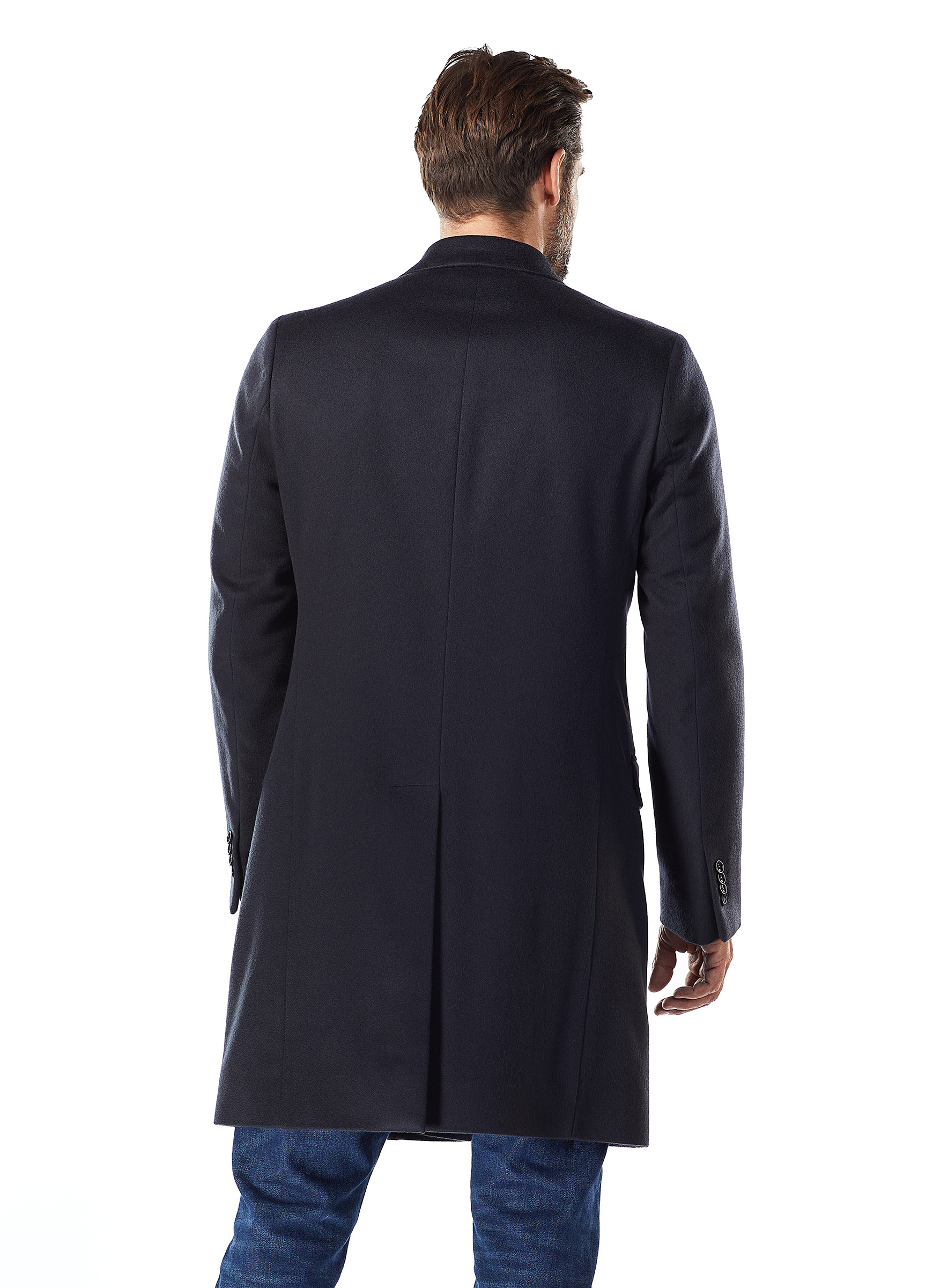 Klassischer Herren Cashmere Mantel marine mit Samtwiesel