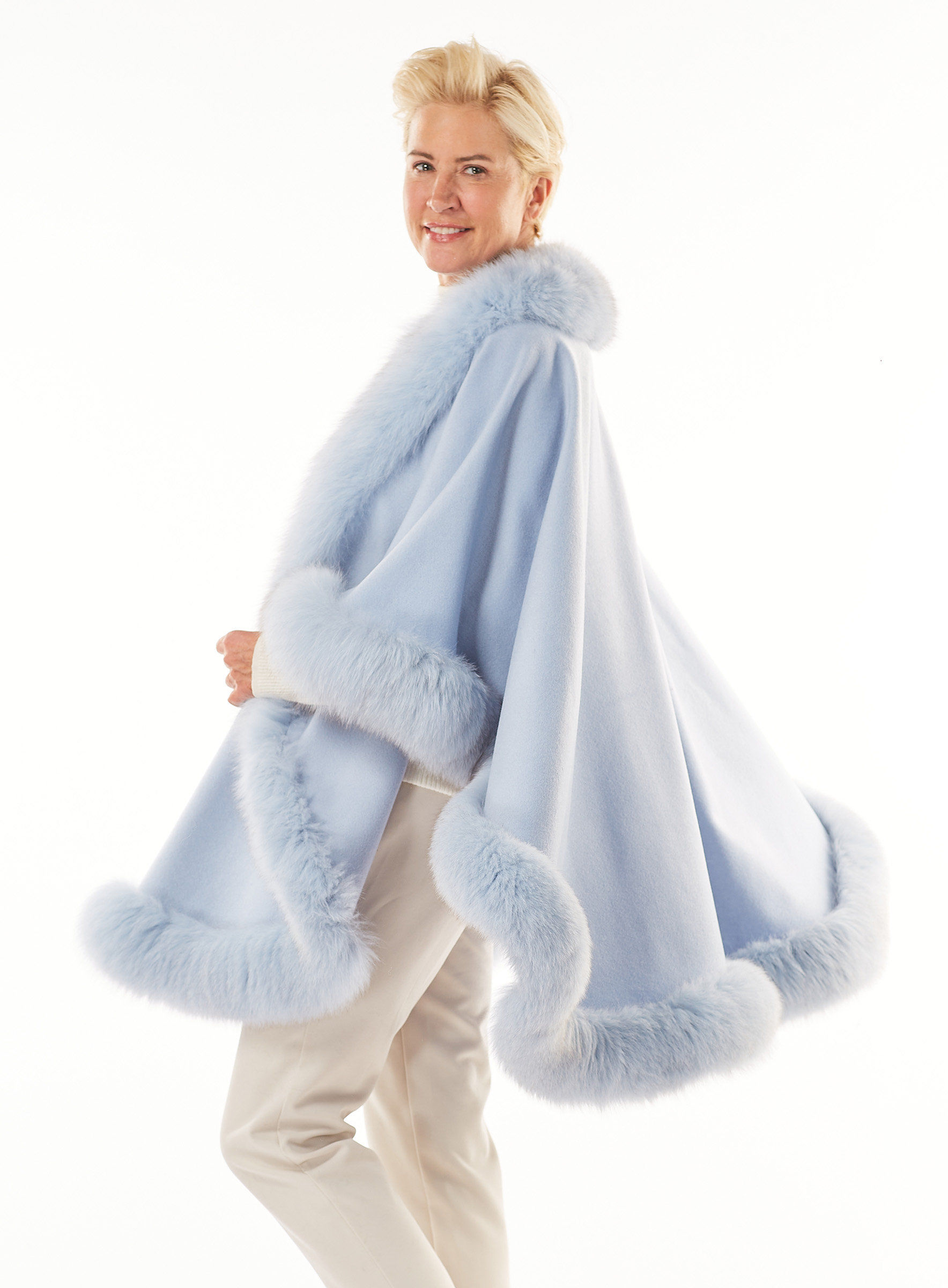 Lightweight Cashmere Cape with Blue Fox Trim