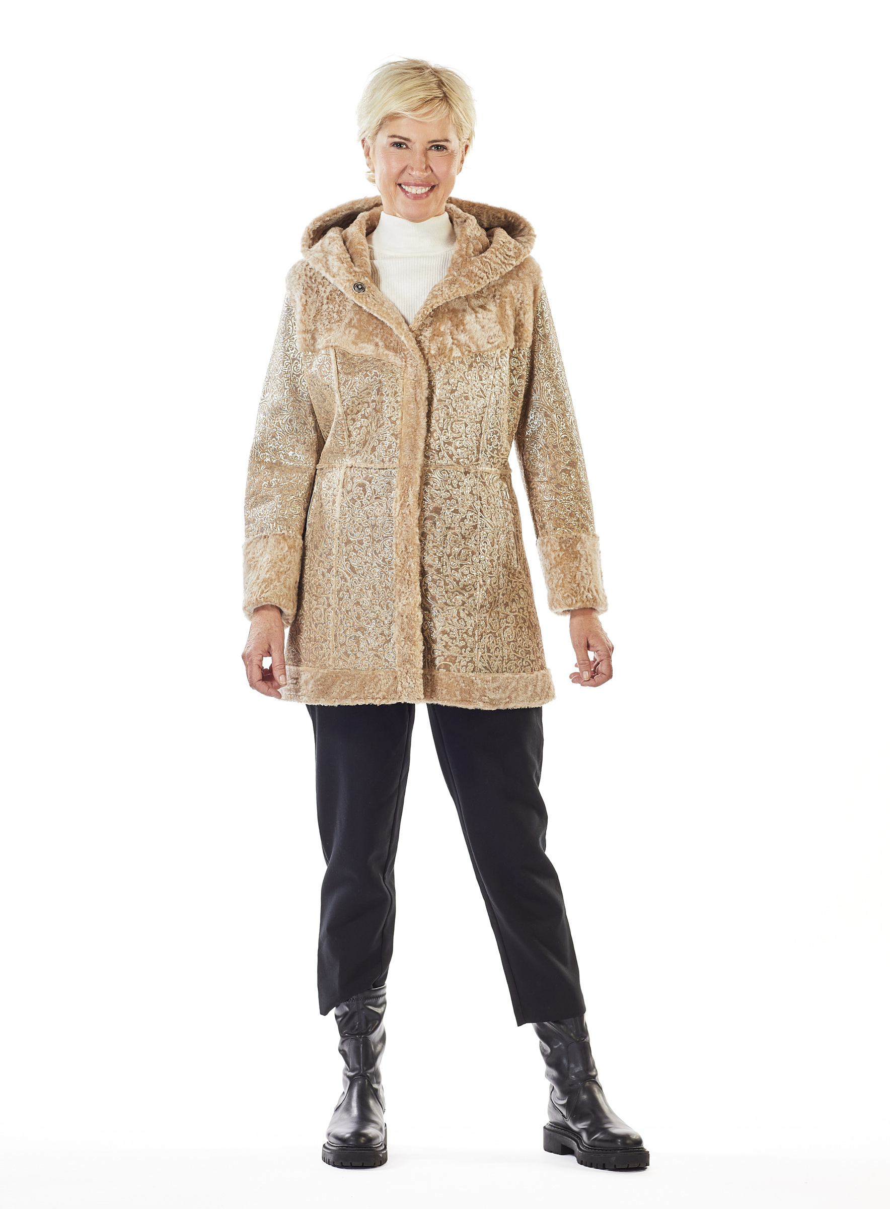 Lammfell-Wendejacke mit Kapuze und goldgeprägtem Leder