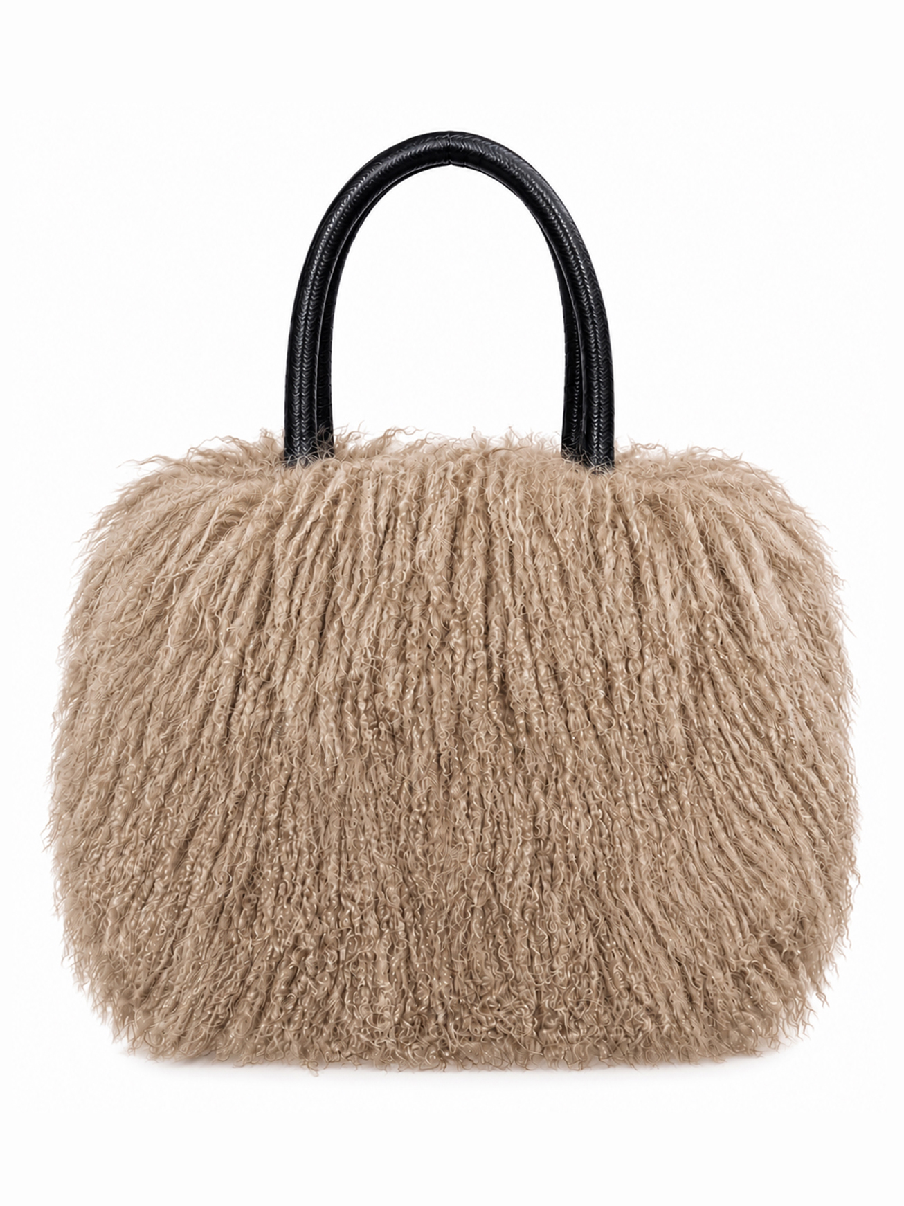 Ausgefallene Tibetlammtasche mit Ledergriff beige