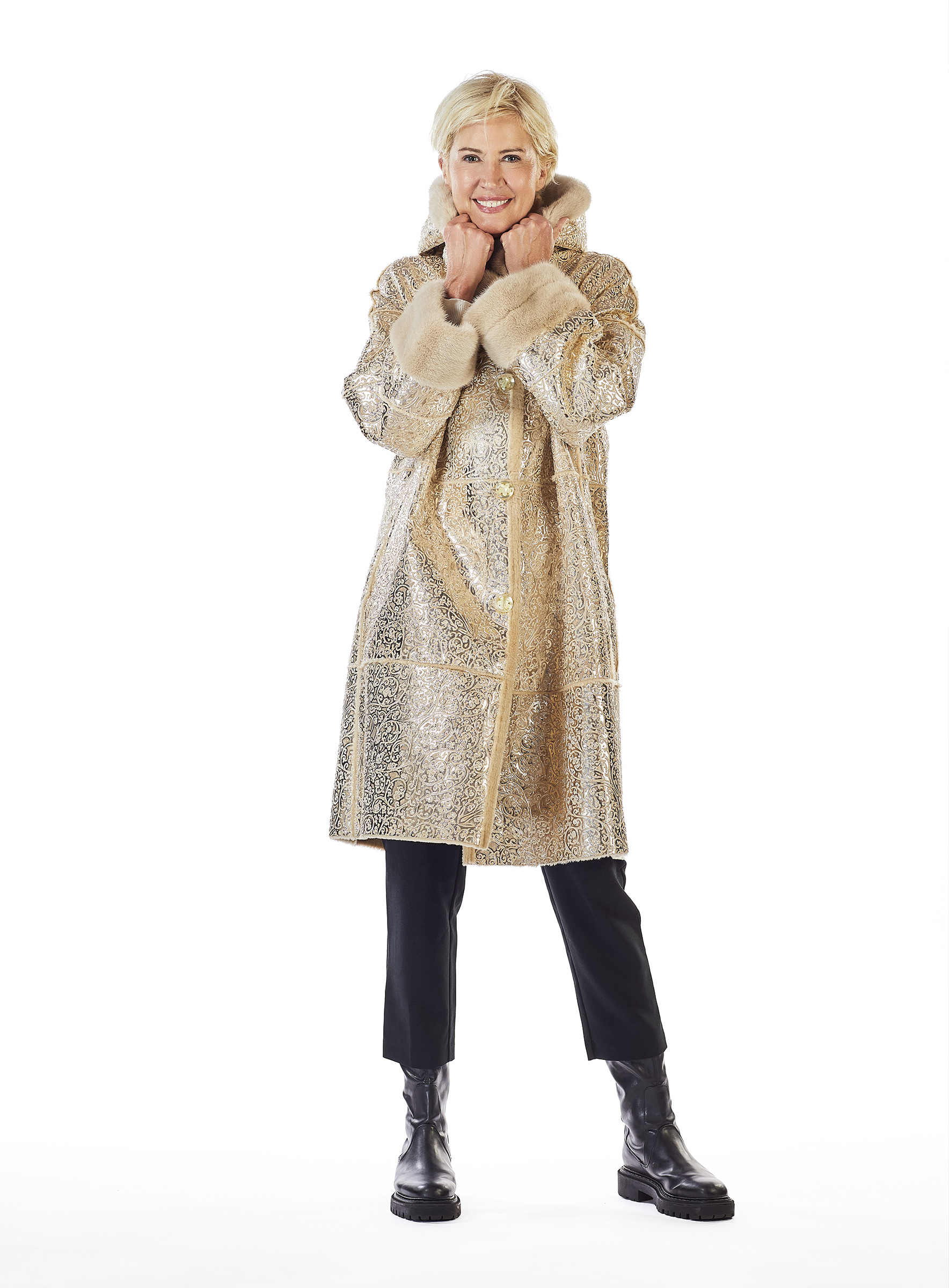 Lammfell Wendemantel mit goldenem Leder von Fontani
