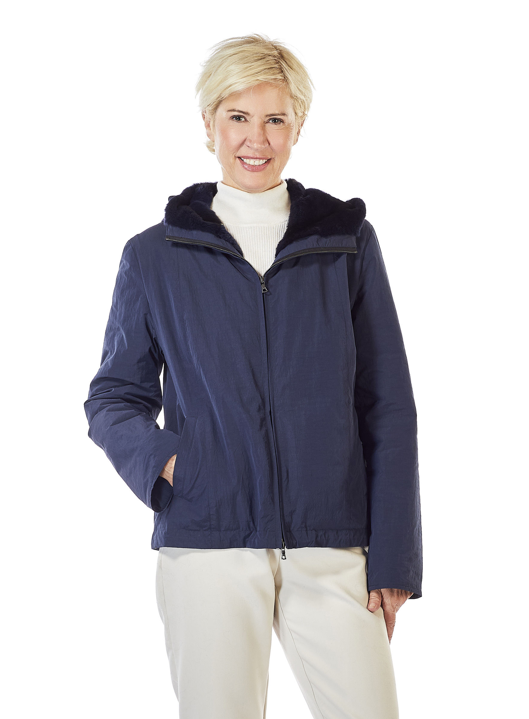 Dunkelblaue Anorak Jacke mit Samtwiesel Fell