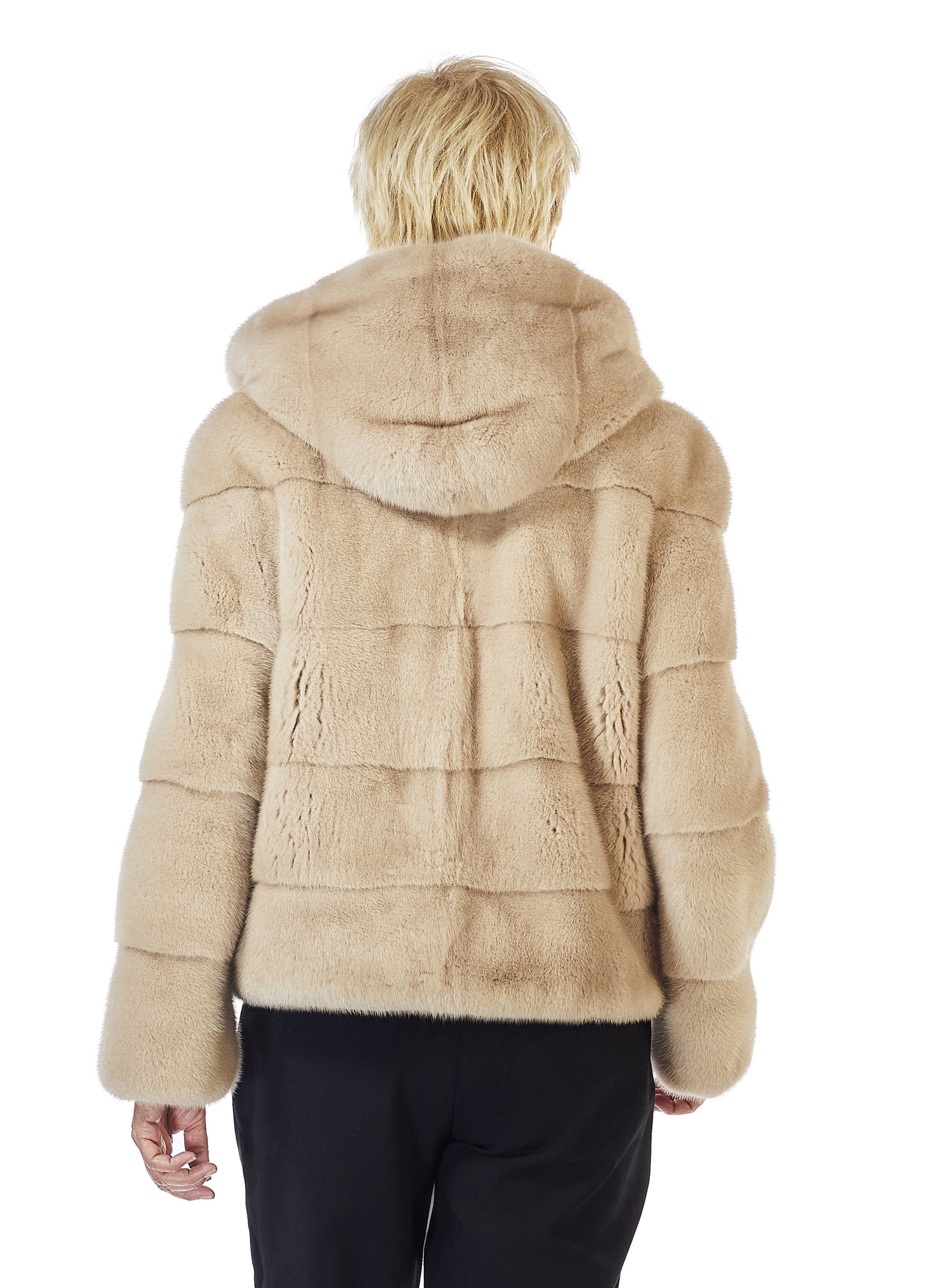 Kurze Nerz Kapuzenjacke in Querverarbeitung beige
