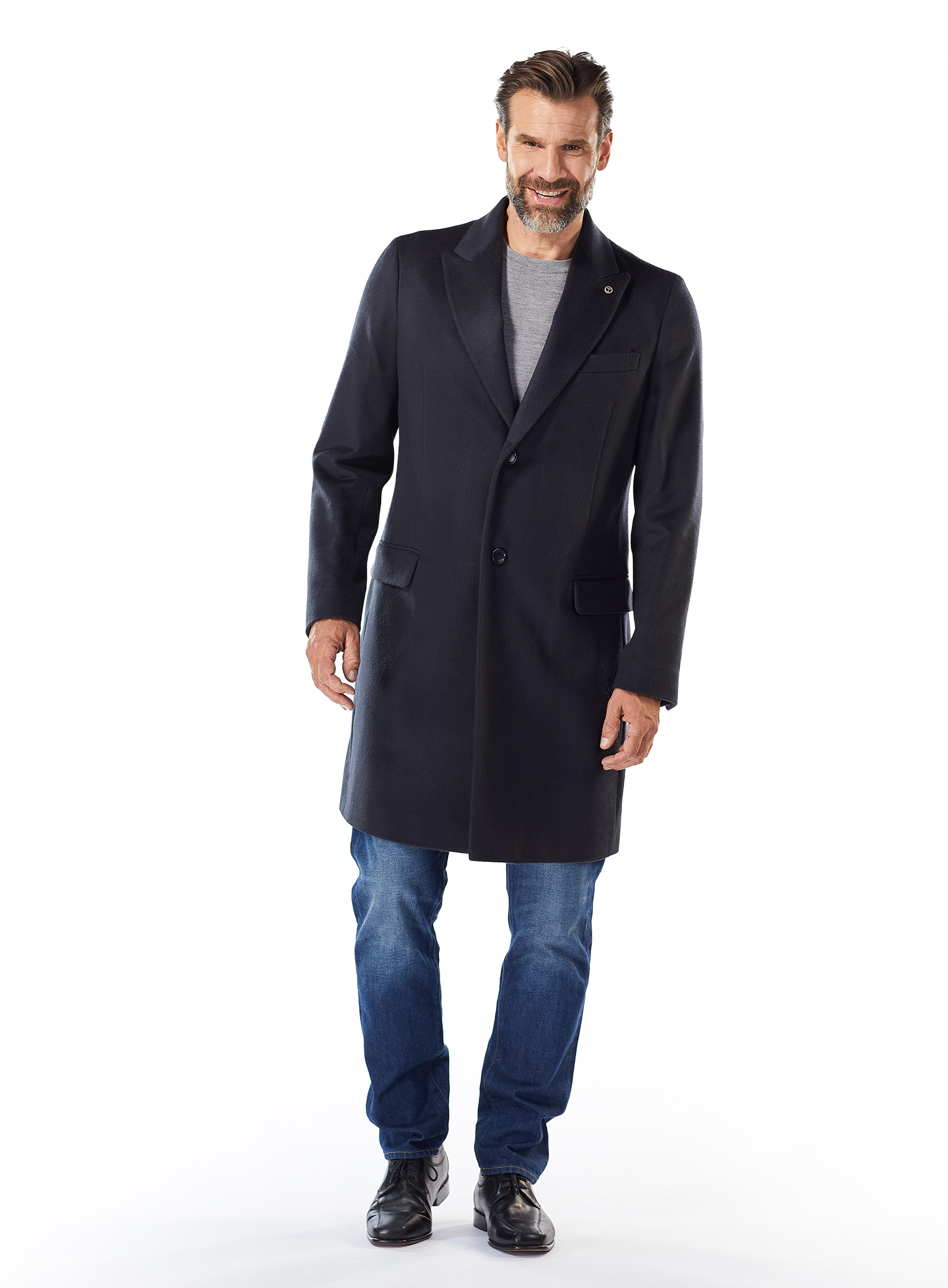 Klassischer Herren Cashmere Mantel marine mit Samtwiesel