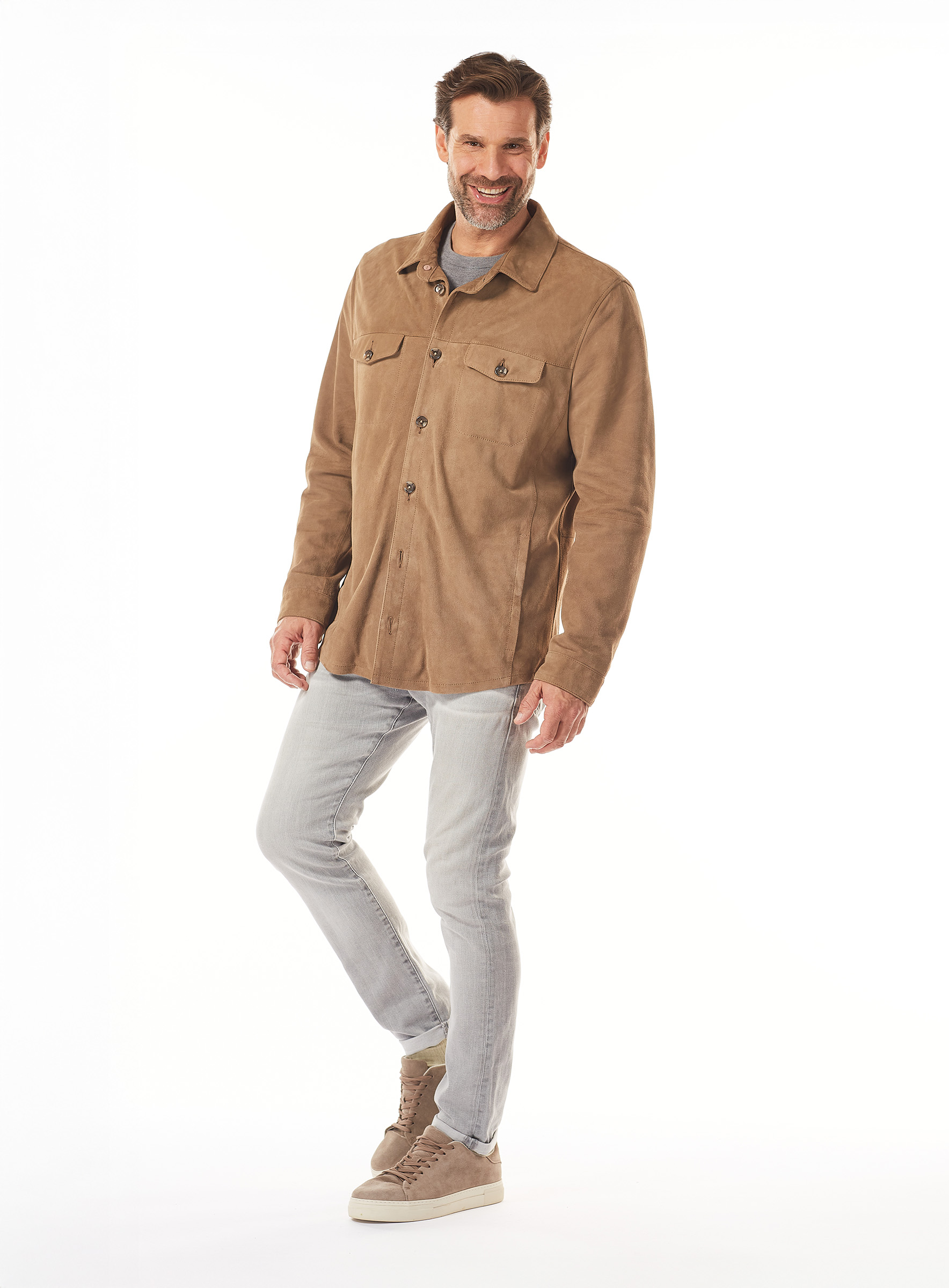 Suede Leather Shirt Jacket in Cognac