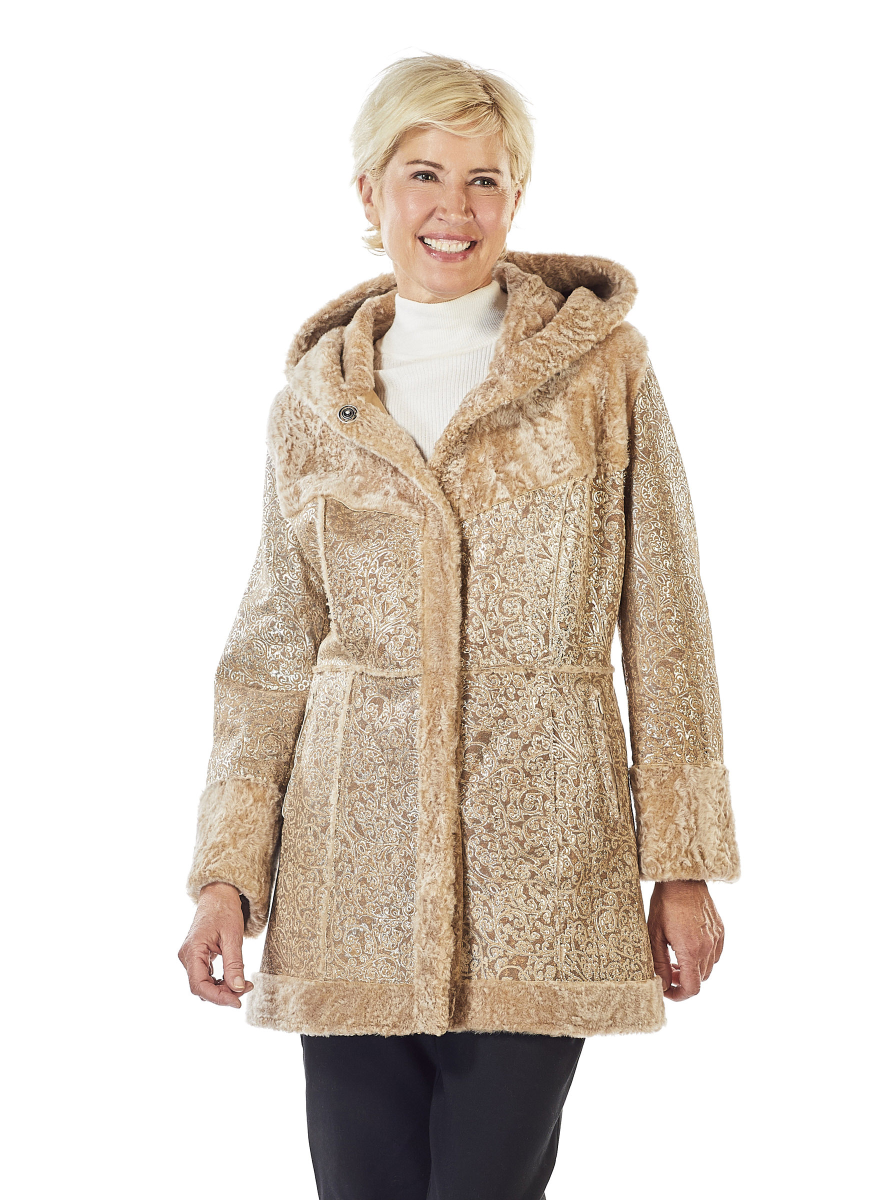 Lammfell-Wendejacke mit Kapuze und goldgeprägtem Leder