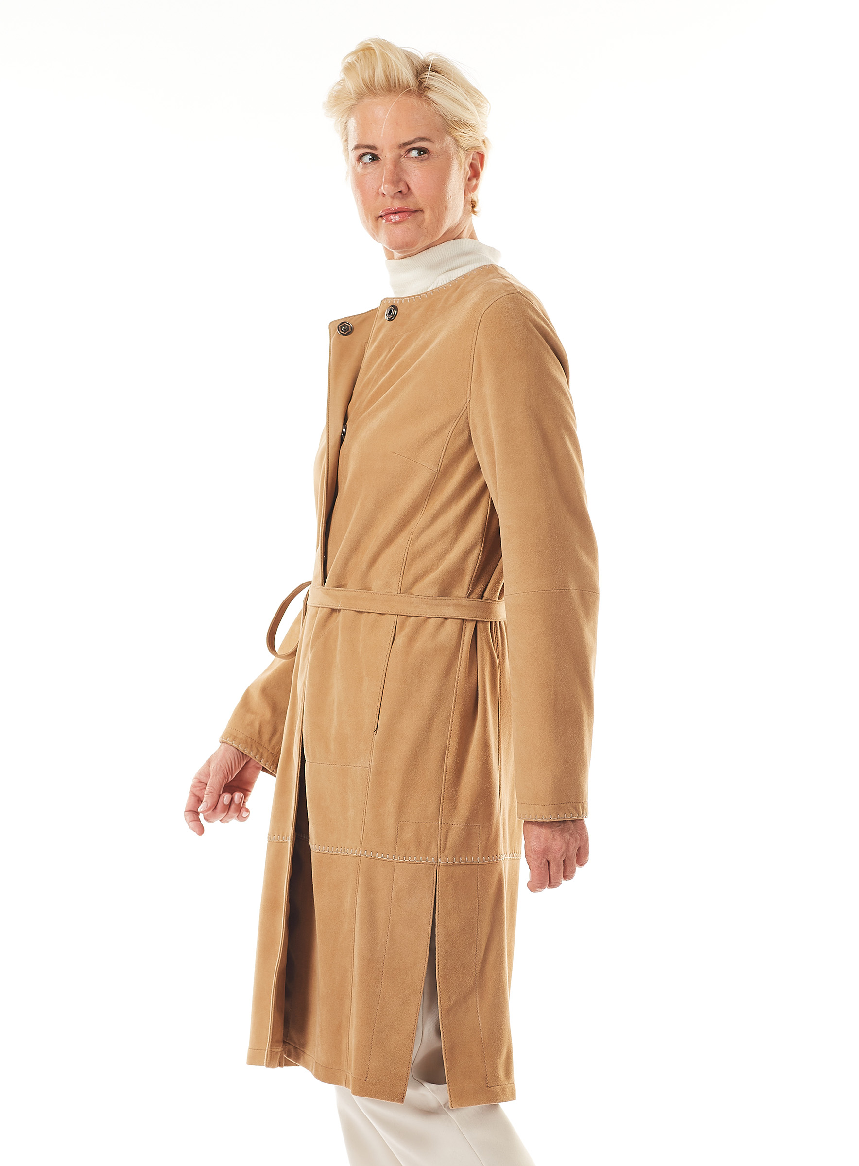 Collarless Suede Trench Coat by Werner Christ