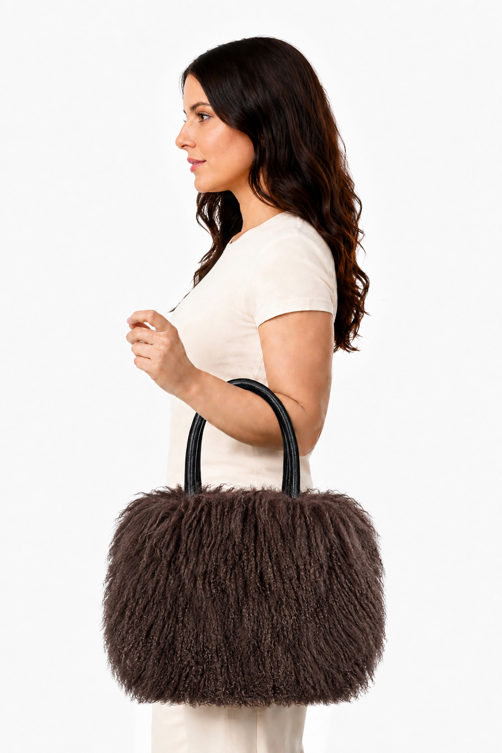 Tibetlamm Felltasche braun mit Ledergriff