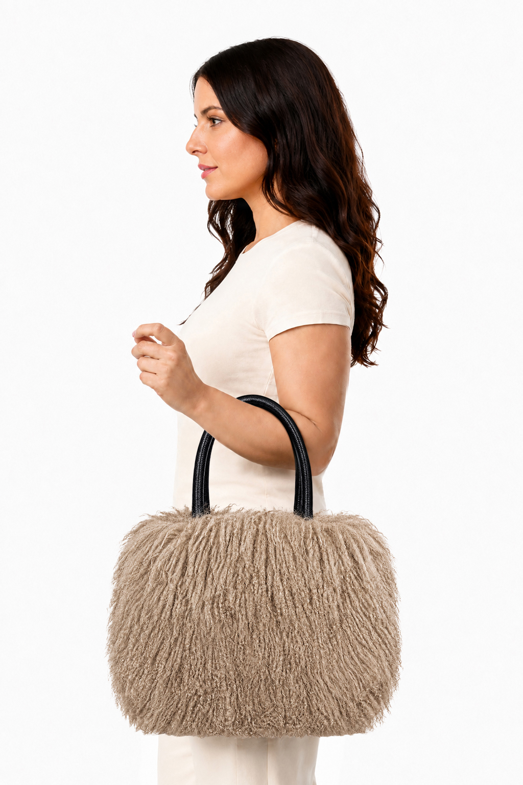 Ausgefallene Tibetlammtasche mit Ledergriff beige