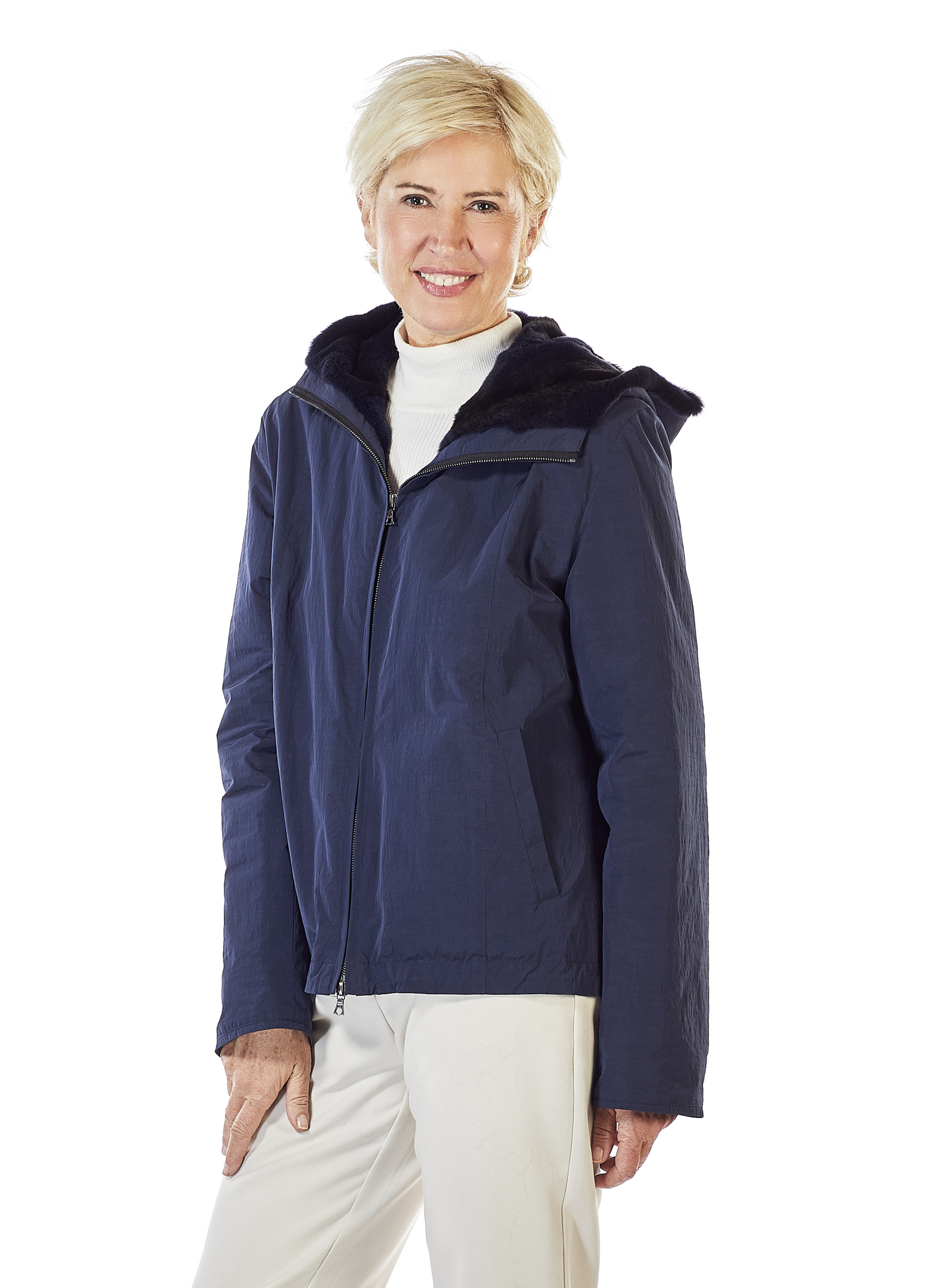 Dunkelblaue Anorak Jacke mit Samtwiesel Fell