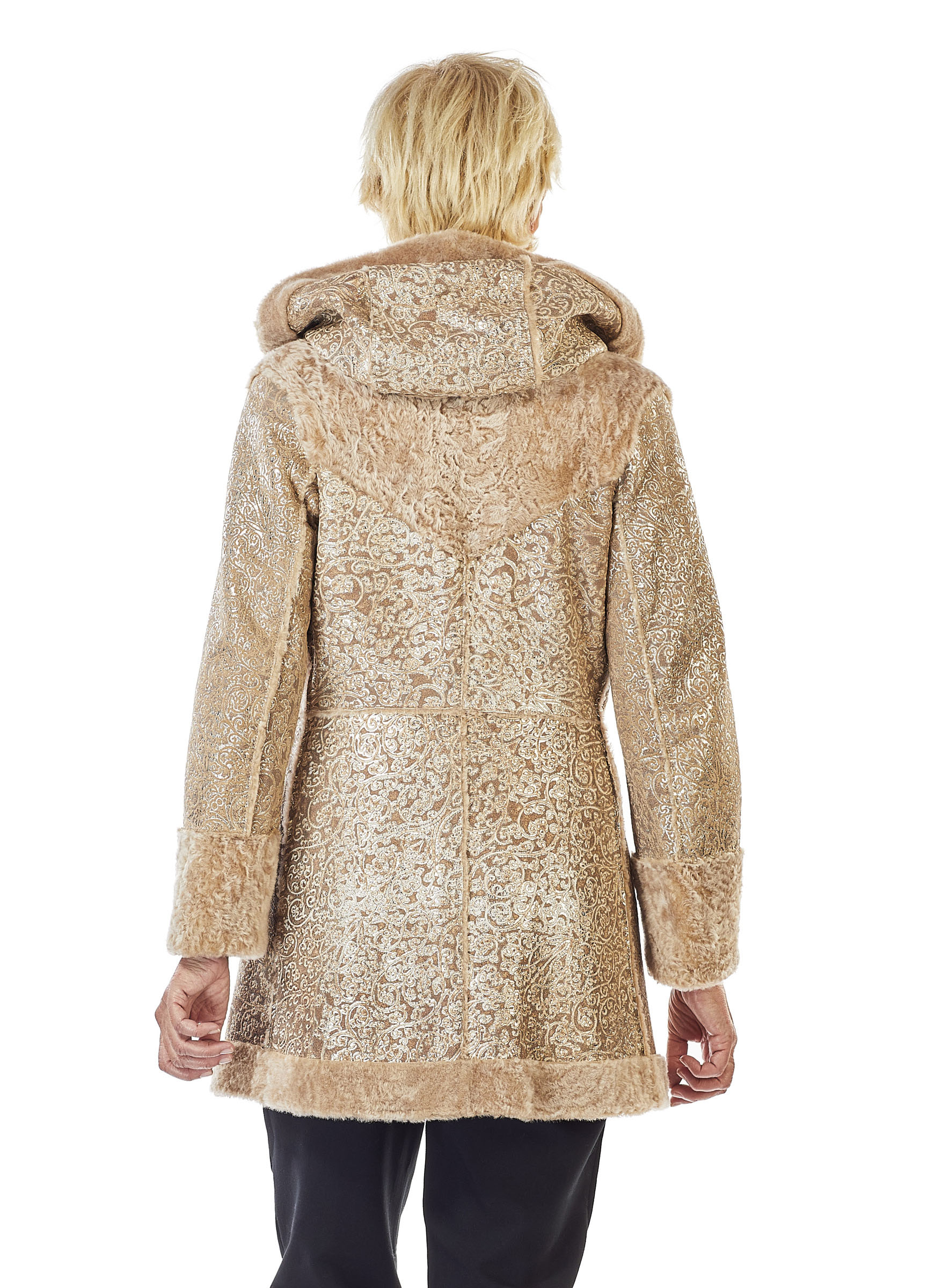 Lammfell-Wendejacke mit Kapuze und goldgeprägtem Leder