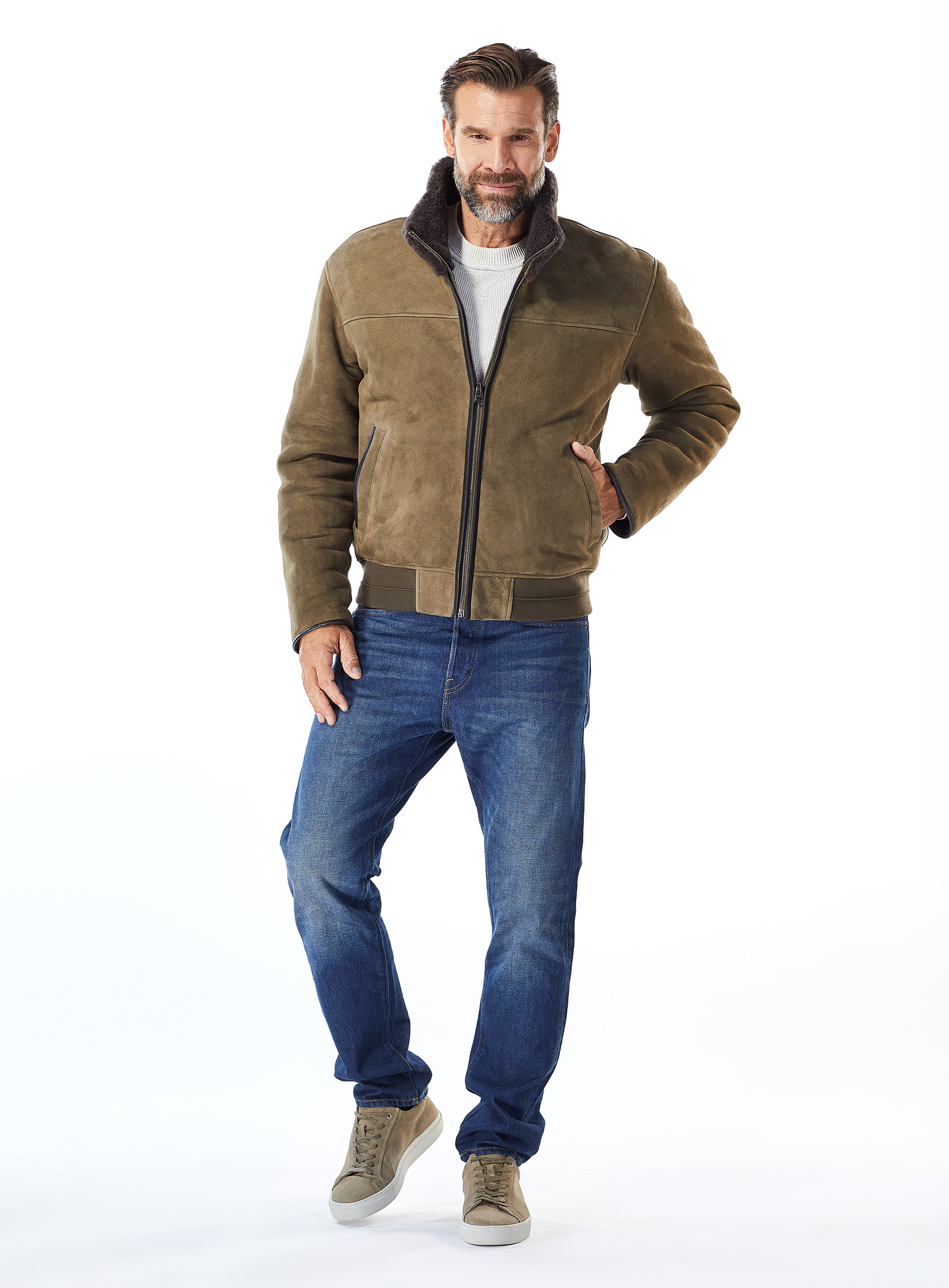 Lammfell Blouson Manzoni24 mit Strickbündchen für Männer