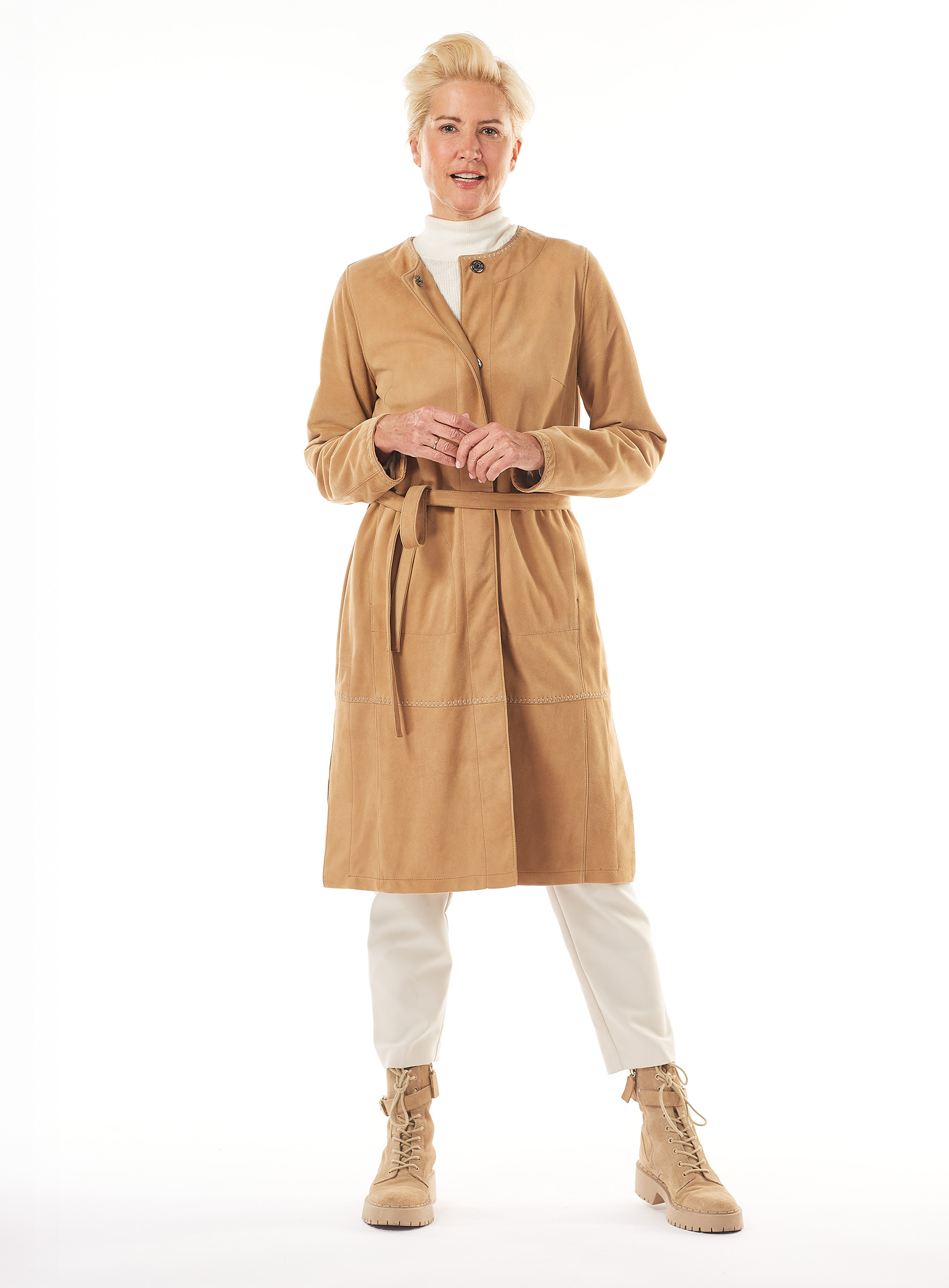 Collarless Suede Trench Coat by Werner Christ