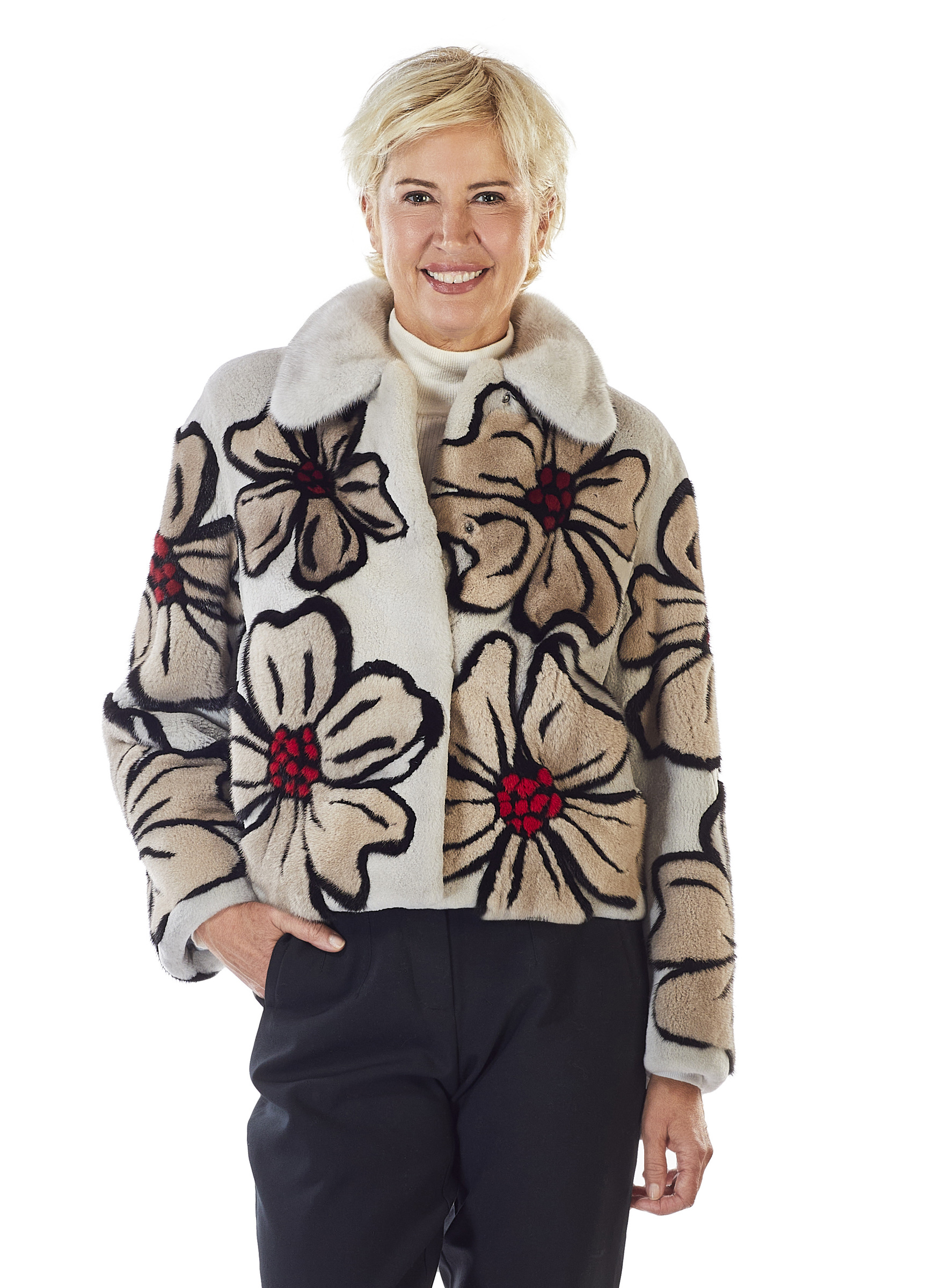 Kurze Nerzjacke mit Blumenmuster