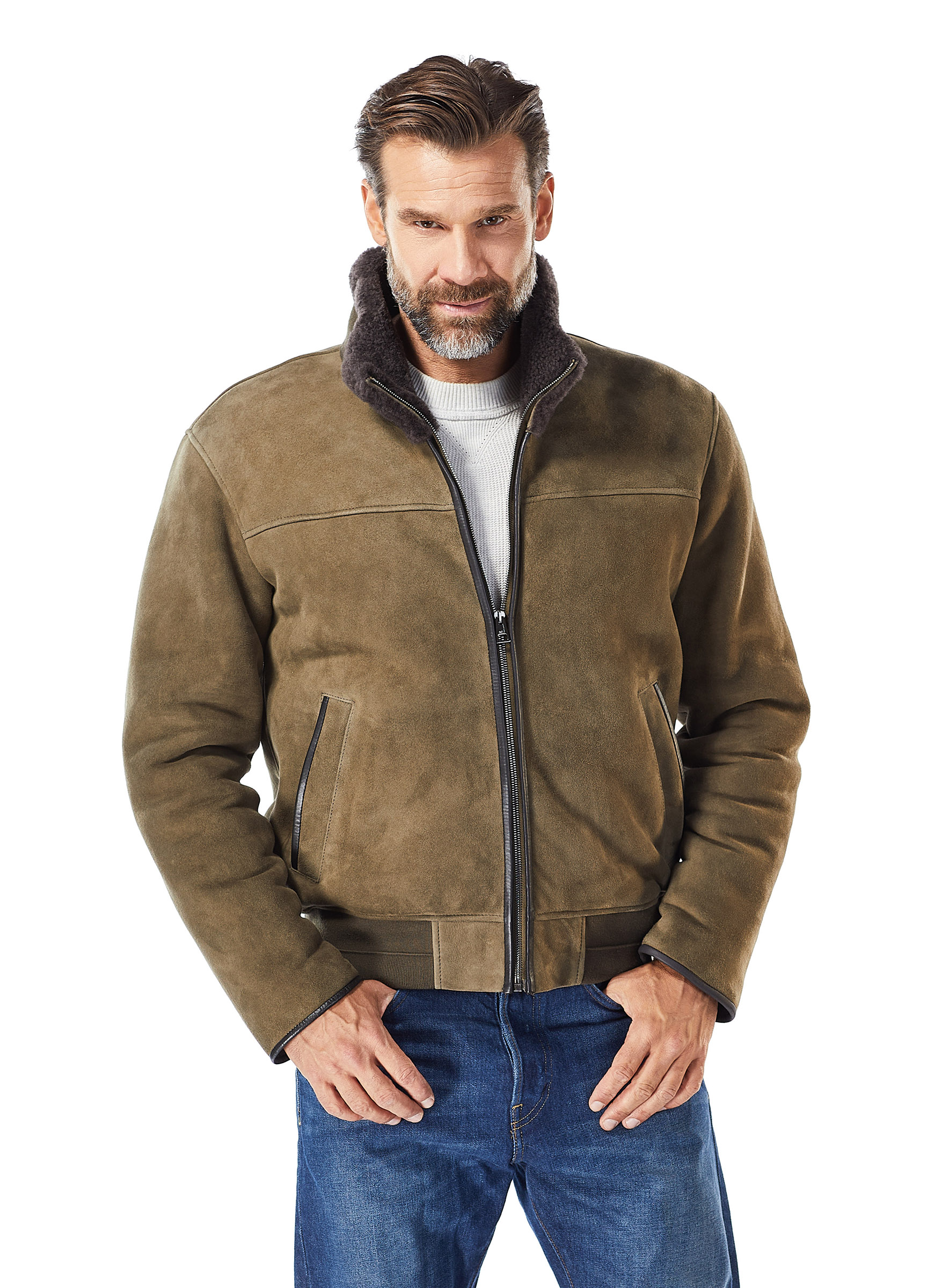 Lammfell Blouson Manzoni24 mit Strickbündchen für Männer