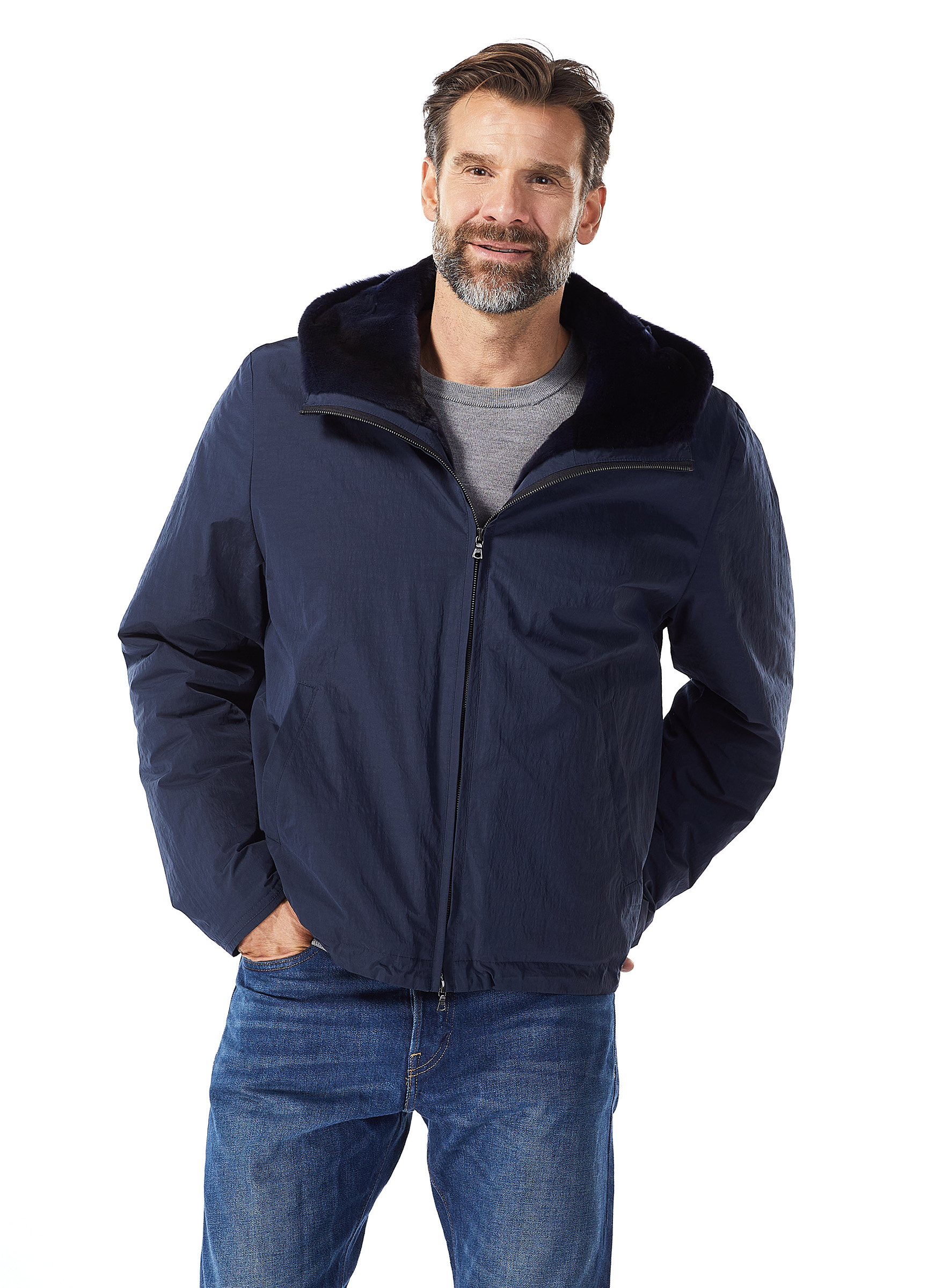 Sportive Anorak Jacke aus Mikrofaser mit Samtwiesel dunkelblau