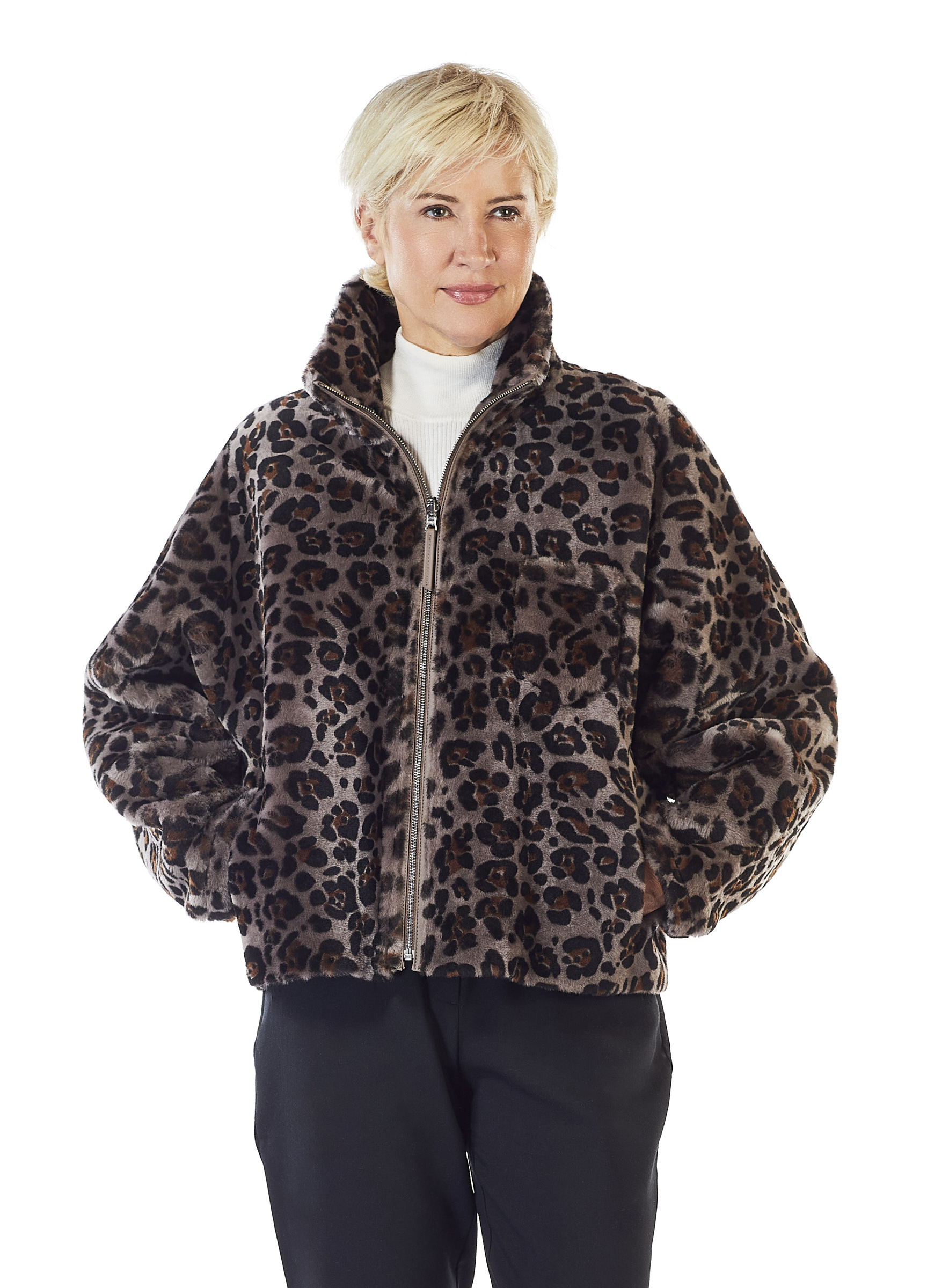 Merino Lammfell Jacke mit Leodruck