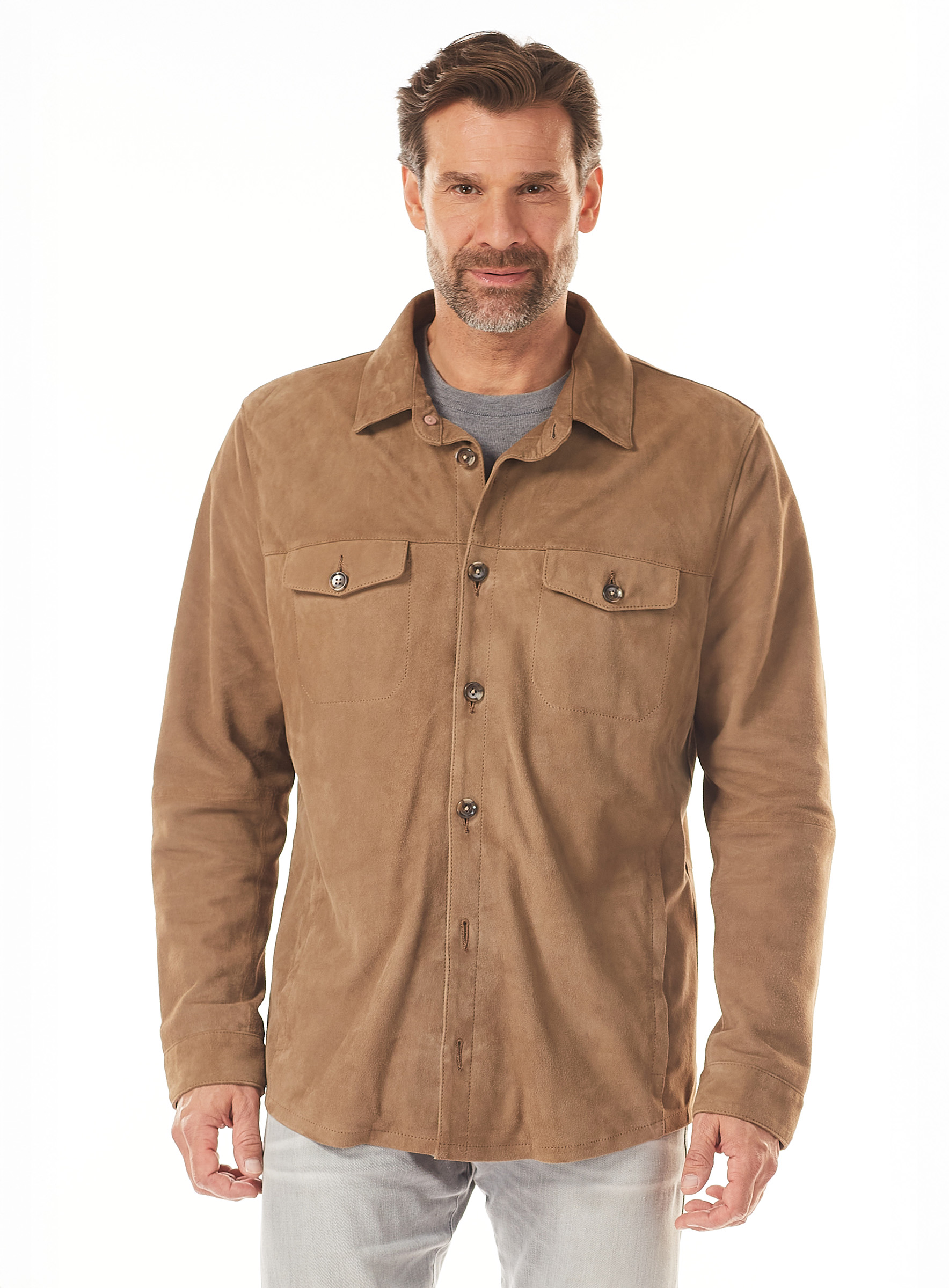 Suede Leather Shirt Jacket in Cognac