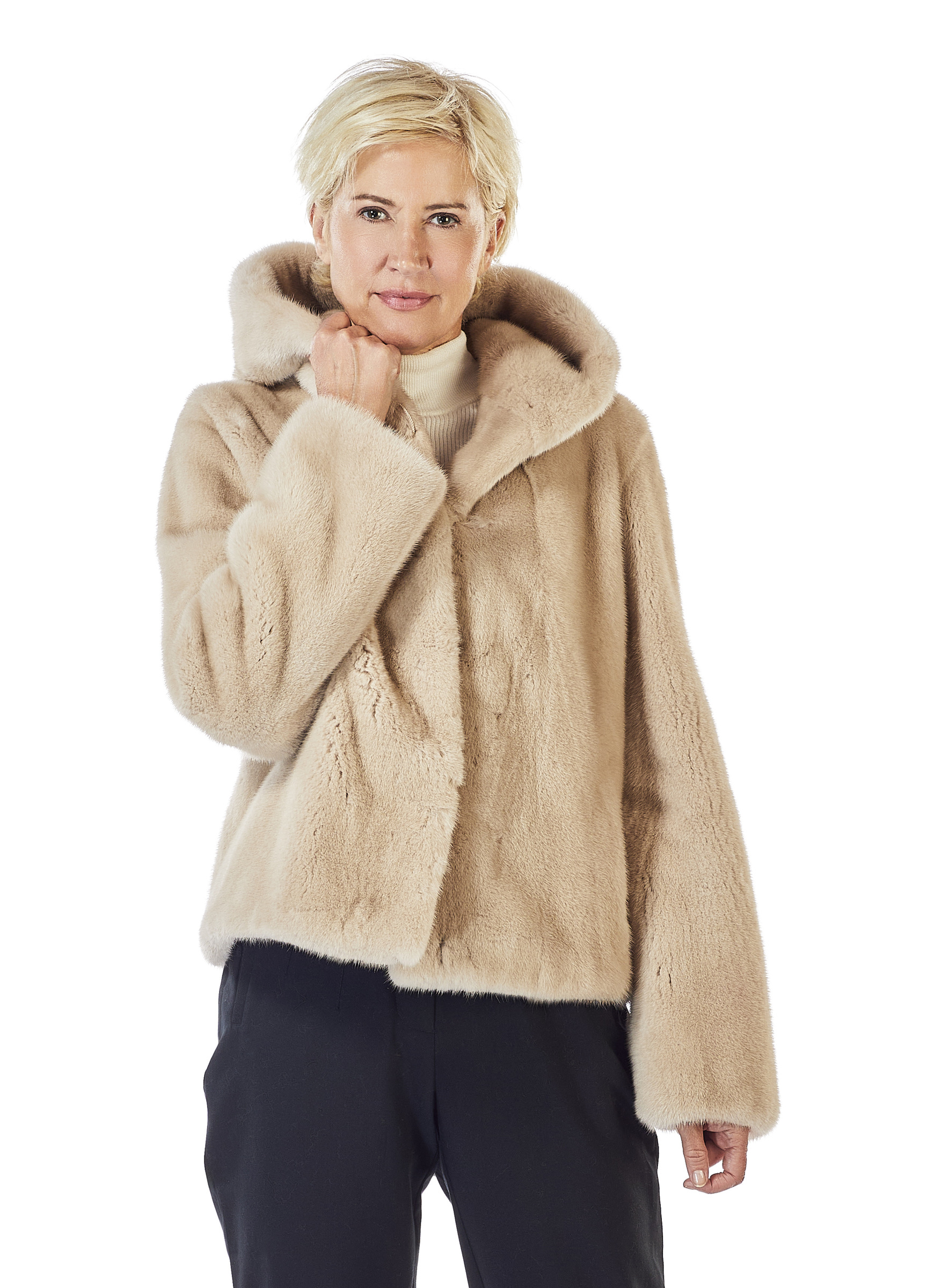 Kurze Nerzjacke beige mit Kapuze