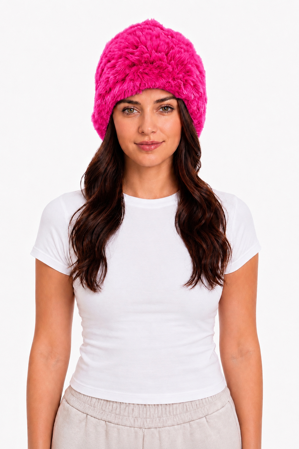 Flauschige Fellmütze aus Kaninpelz pink