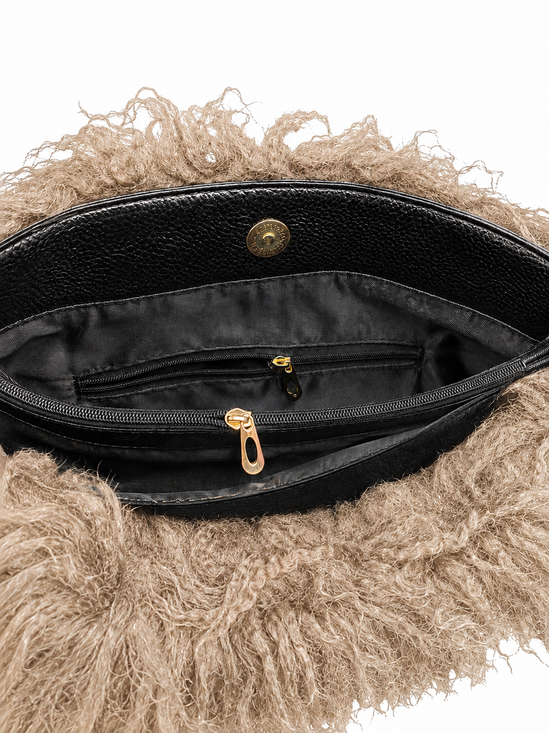 Ausgefallene Tibetlammtasche mit Ledergriff beige