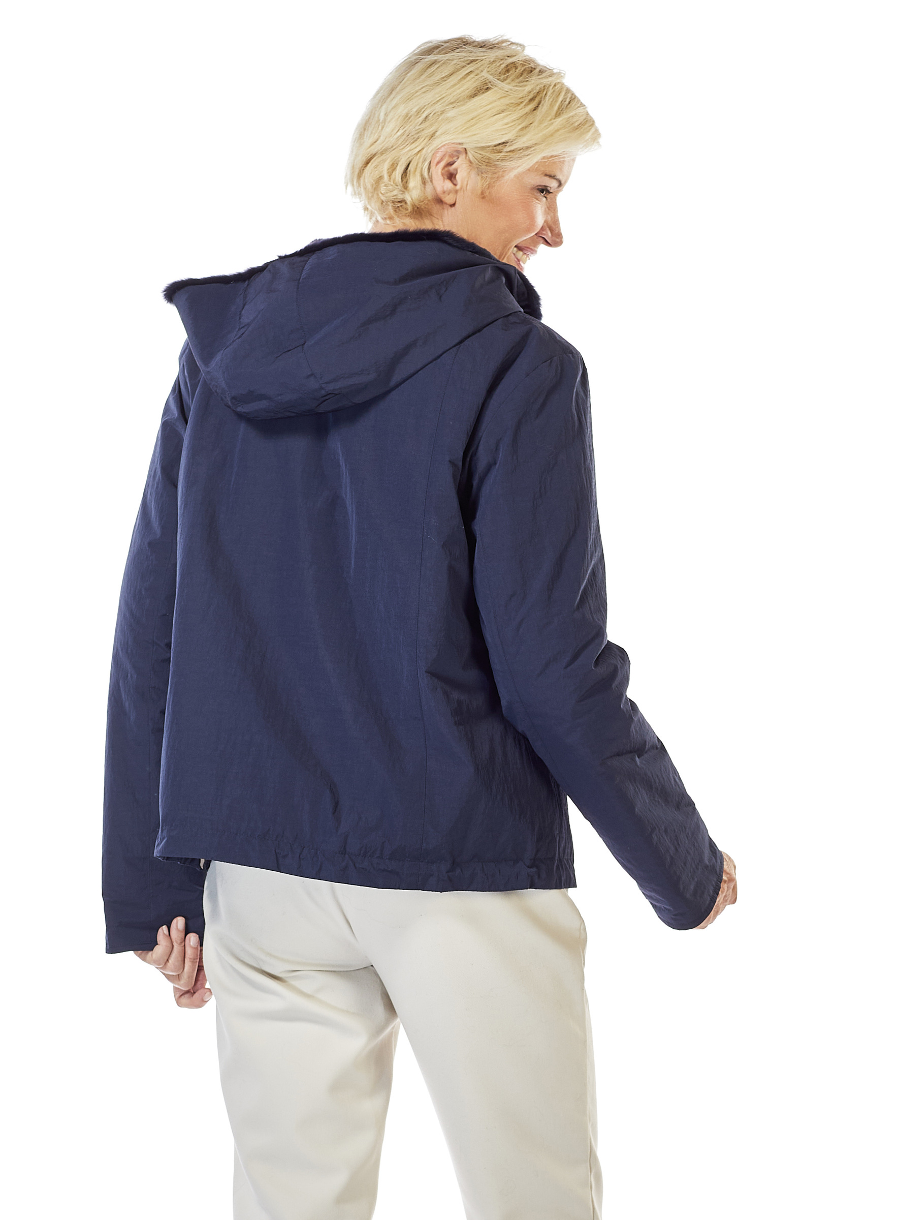Dunkelblaue Anorak Jacke mit Samtwiesel Fell