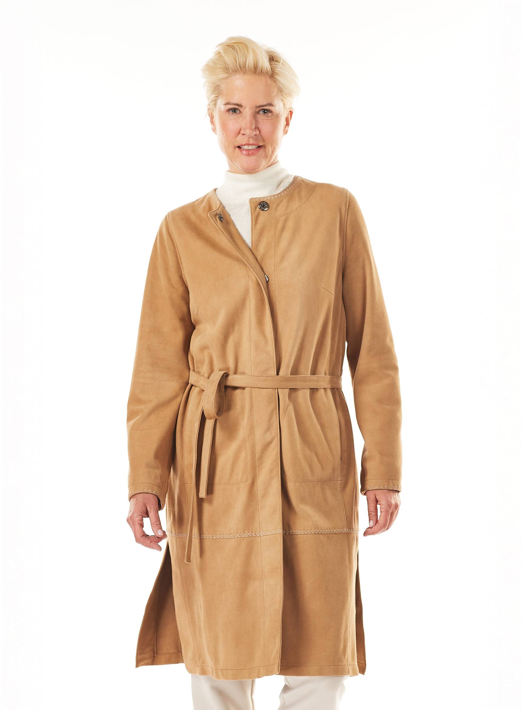 Collarless Suede Trench Coat by Werner Christ