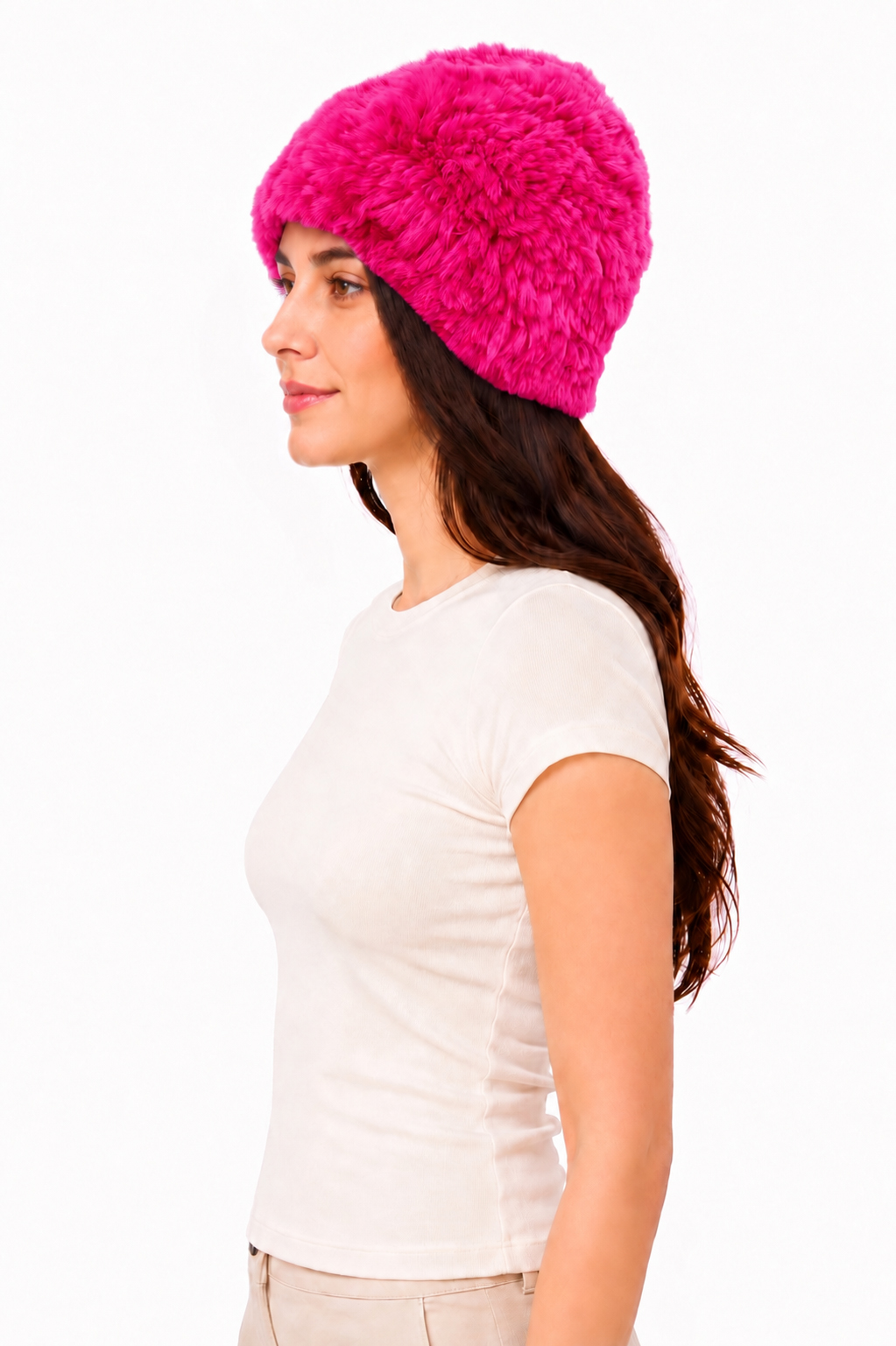 Flauschige Fellmütze aus Kaninpelz pink