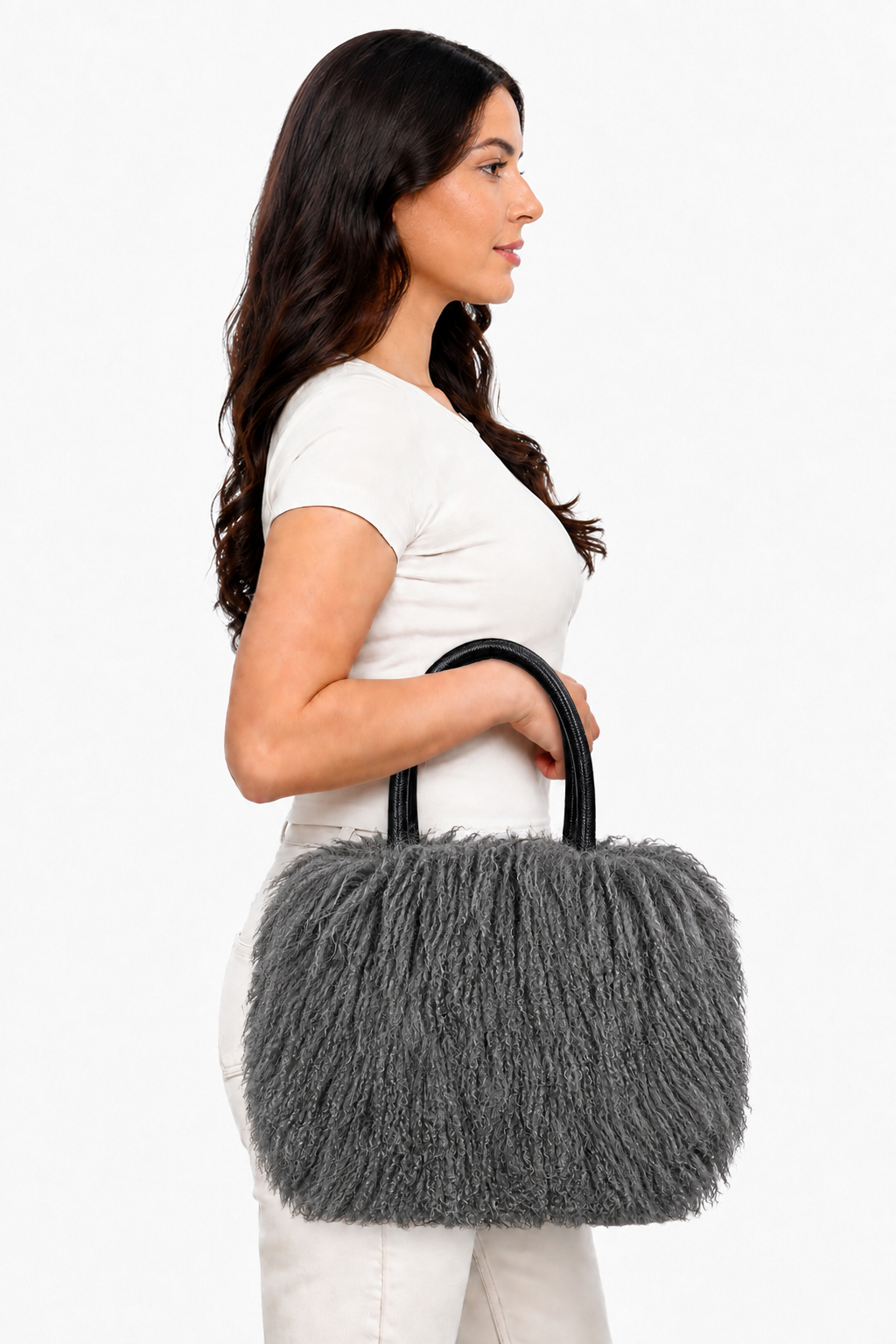 Tibetlamm Felltasche grau mit Ledergriff