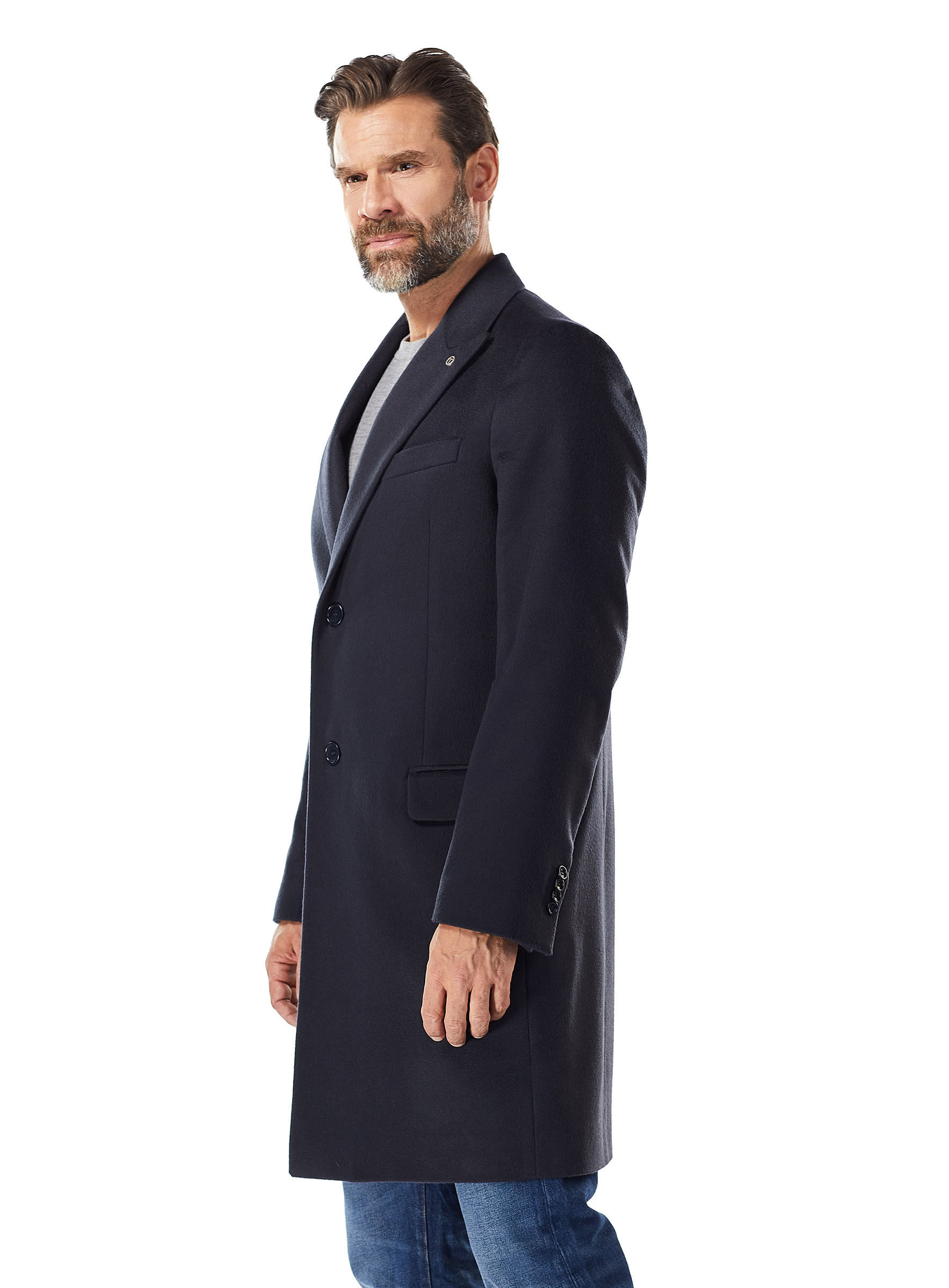 Klassischer Herren Cashmere Mantel marine mit Samtwiesel