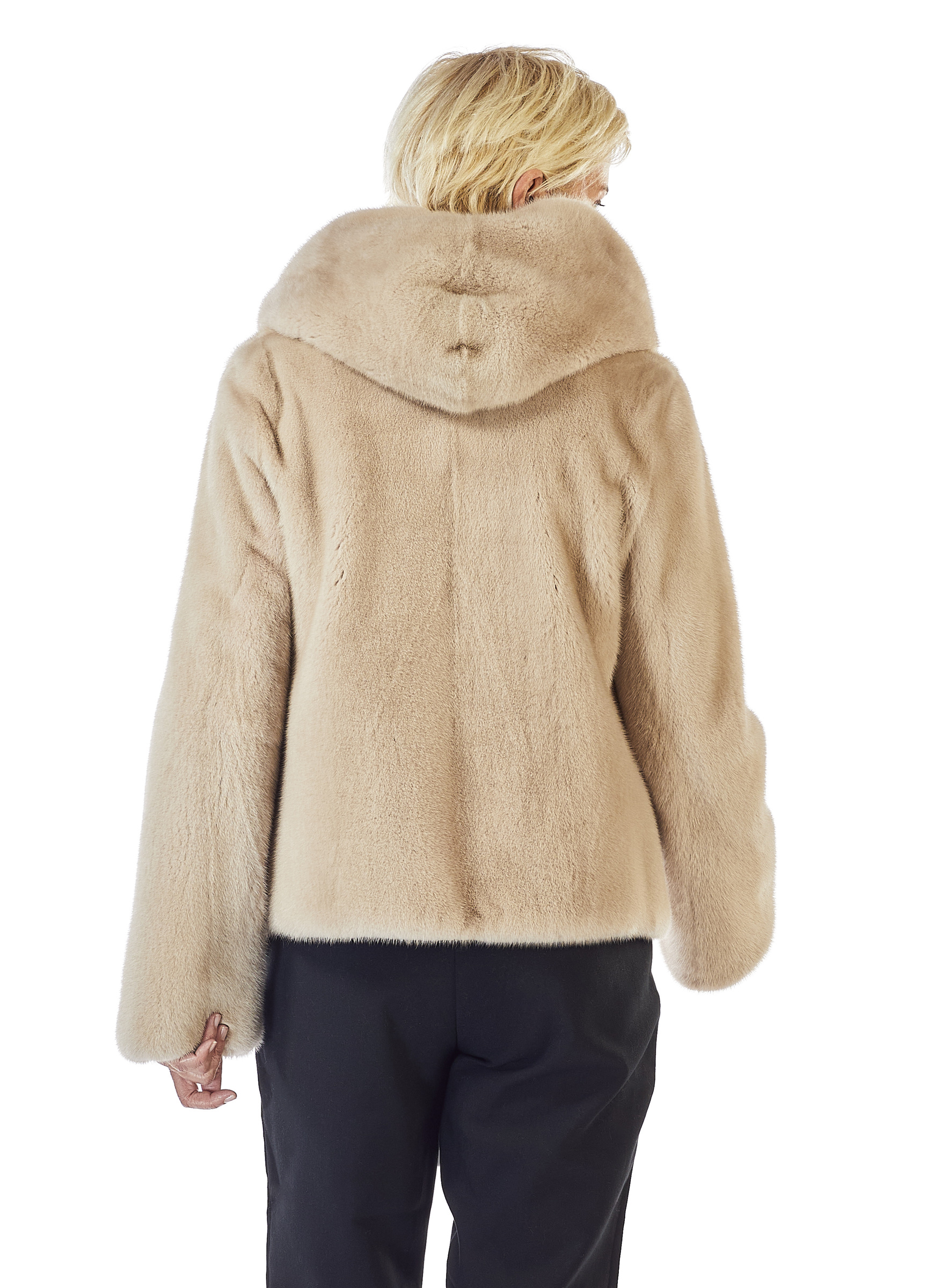 Kurze Nerzjacke beige mit Kapuze