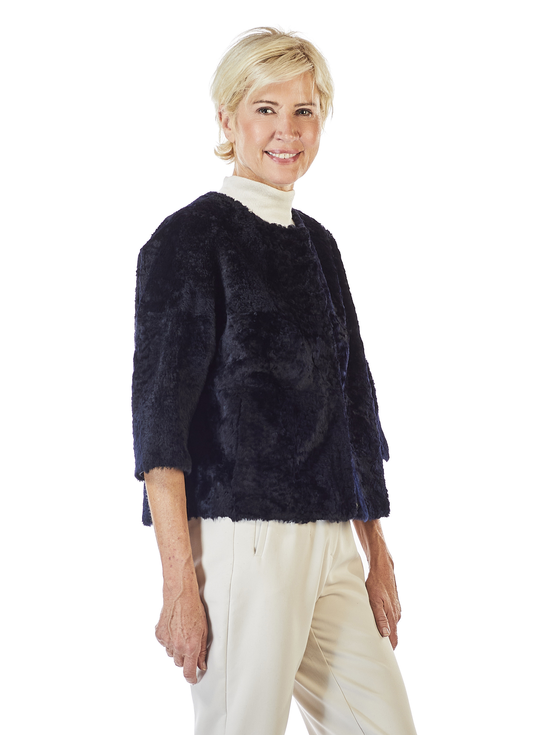 Lammfell Wendejacke mit 3/4 Ärmel dunkelblau